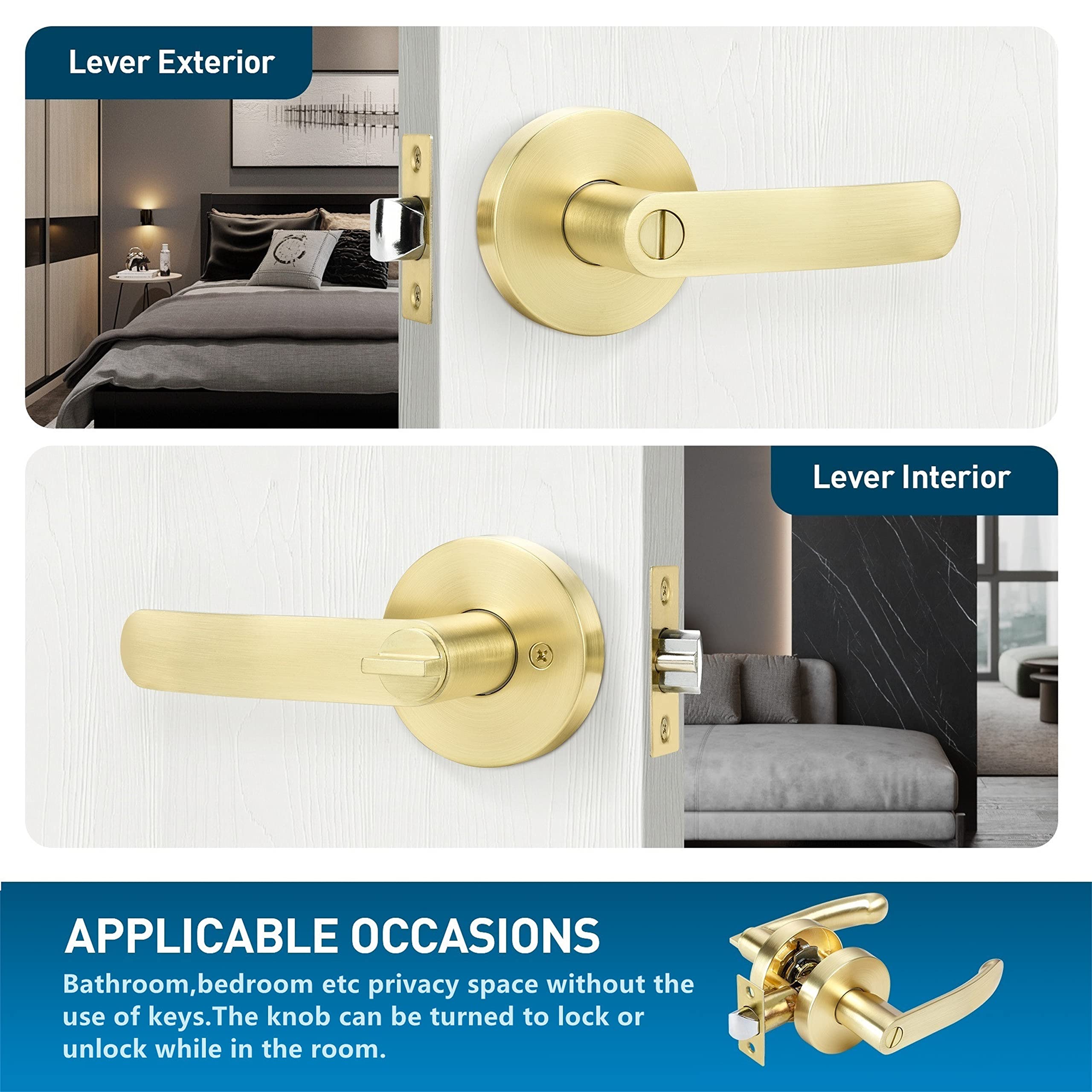 Keyless Door Knob 4 Pack - Light Satin Brass Finish for Bathroom & Interior Doors