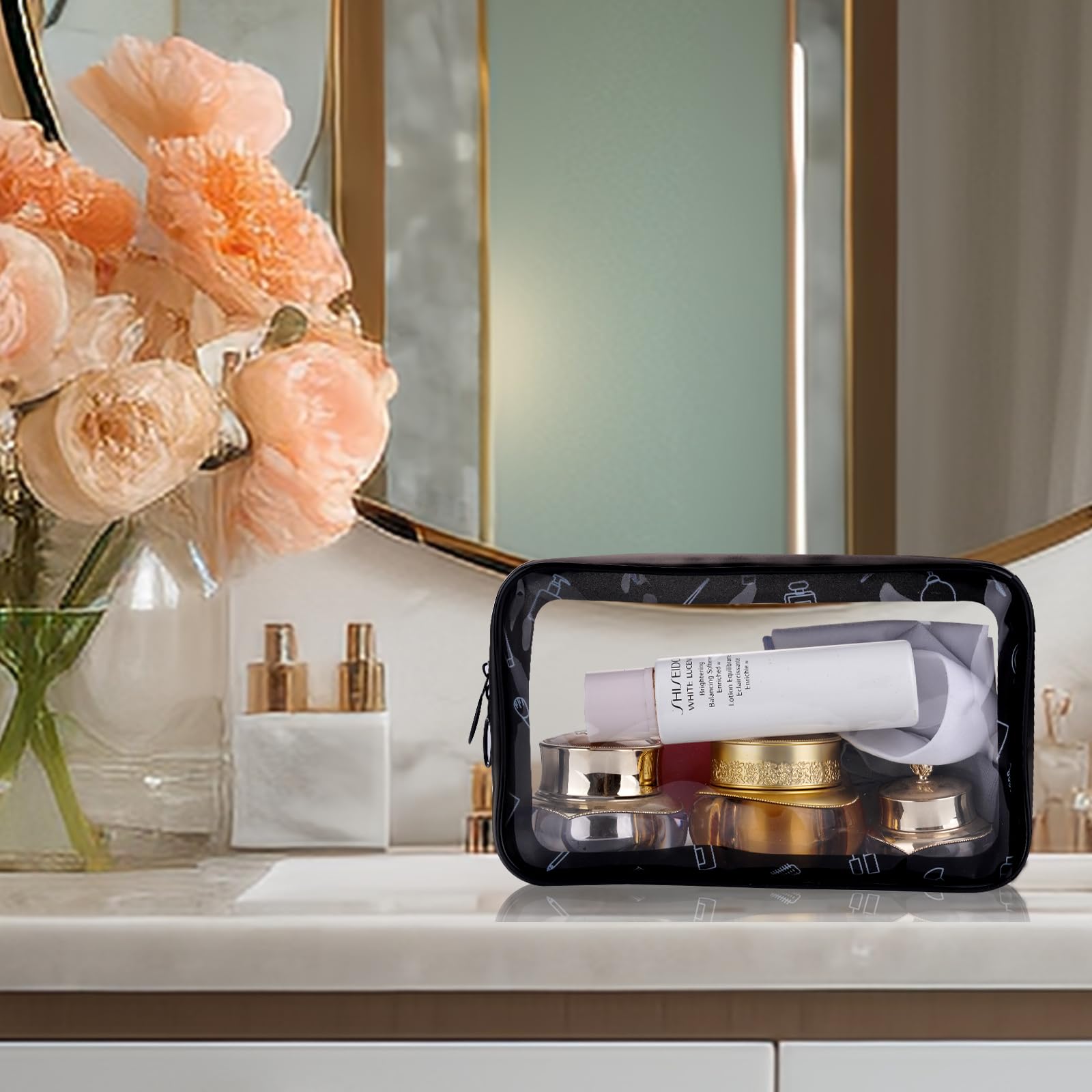 2 Pack Clear Printed TSA Approved Quart Size Toiletry Bag - Travel Makeup Cosmetic Organizer for Women & Men (Black & White) | Perfect for Air Travel, Gym Essentials & Daily Beauty Storage