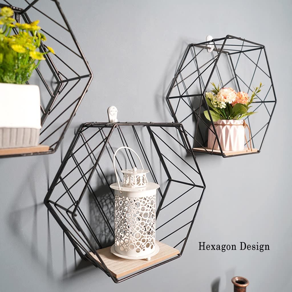 Hexagon Floating Shelves Set of 3 - Rustic Metal Wall Mounted Shelves for Home Decor | Bedroom, Living Room, Bathroom & Entryway Storage & Display | Black Industrial Wall Shelves for Modern & Farmhouse Style Decorating