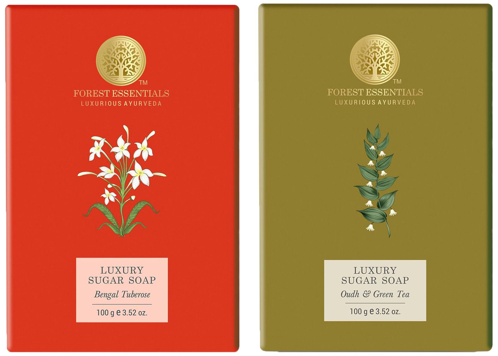 Forest Essentials Luxury Ayurvedic Sugar Soap Combo - Oudh & Green Tea & Bengal Tuberose for Radiant Skin | Perfect for Spa Day, Gift Sets & Holistic Skincare Routine