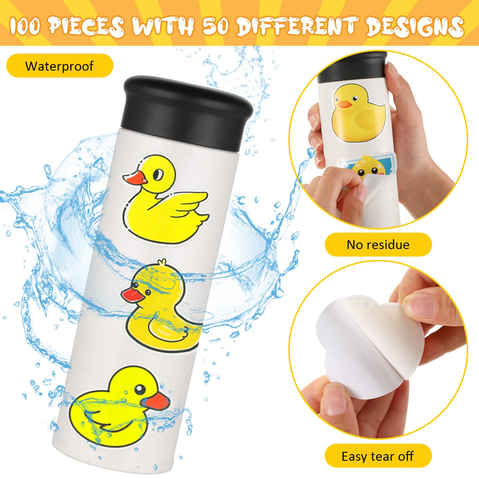 Libima 100 Pcs Waterproof Yellow Duck Stickers - Cute Duck Decals for Water Bottles, Laptops, Luggage & Skateboards - Fun Vinyl Stickers for Kids & Teens - Perfect for School Supplies, DIY Crafts & Room Decor