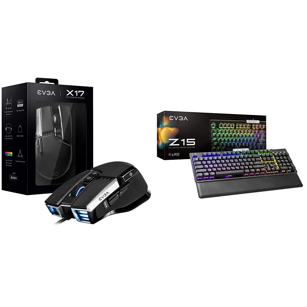EVGA X17 Wired Gaming Mouse & Z15 RGB Mechanical Keyboard Combo - Black, Customizable RGB Backlit, Hot-Swappable Kailh Speed Bronze Switches (Clicky) for PC Gaming, Esports & Office Work - 822-W1-15US-KR