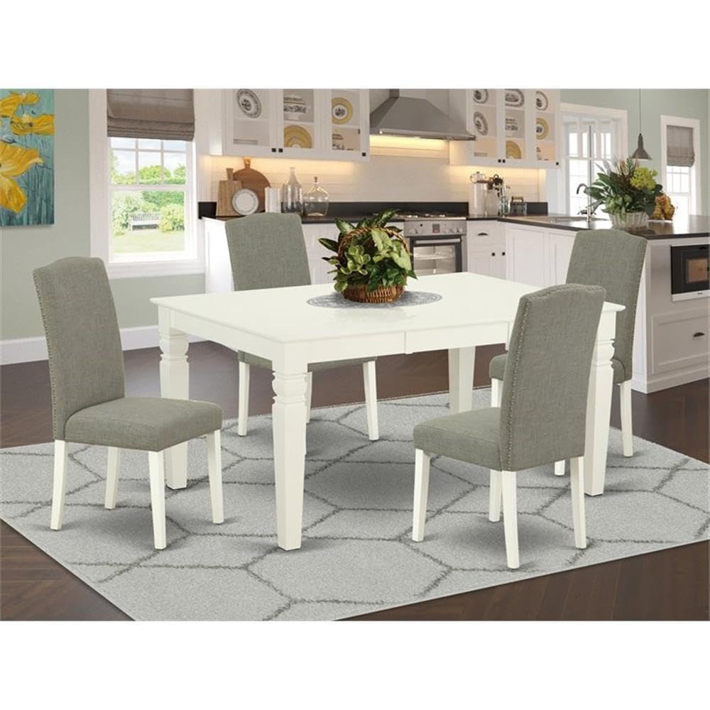 East West Furniture WEEN5-LWH-06 5-Piece White Linen Dining Set with 42x60 Inch Extendable Table & 4 Dark Shitake Fabric Chairs - Perfect for Small Kitchens, Breakfast Nooks & Cozy Family Meals