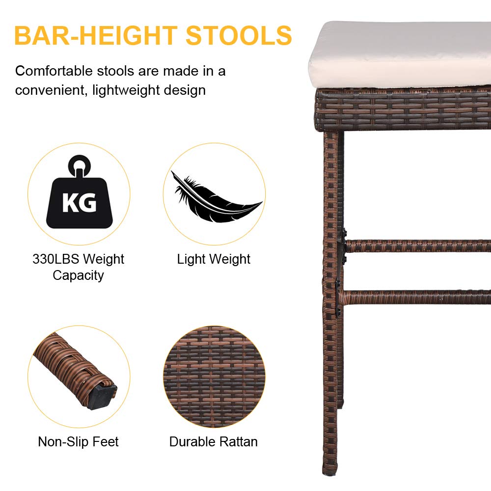 HomVent 3-Piece Outdoor Wicker Bar Table Set - PE Rattan Bar Height Table with 4 Stools, Steel Frame & Glass Top - Perfect for Patio, Poolside, Lawn, Backyard & Garden Entertaining