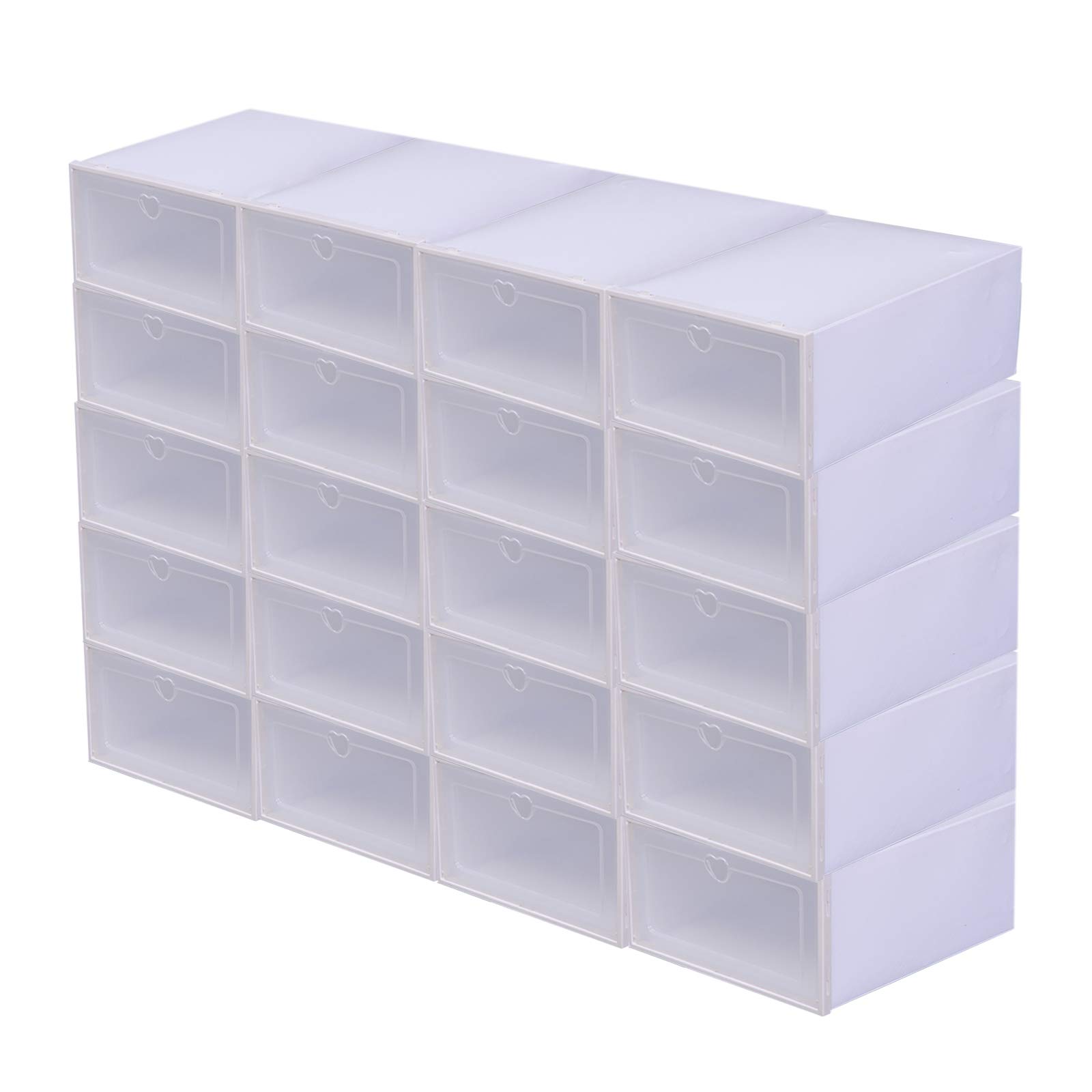 LYNICESHOP 20-Pack White Stackable Clear Plastic Shoe Storage Boxes with Lids - Foldable Drop Front Shoe Organizer Bins (12.2