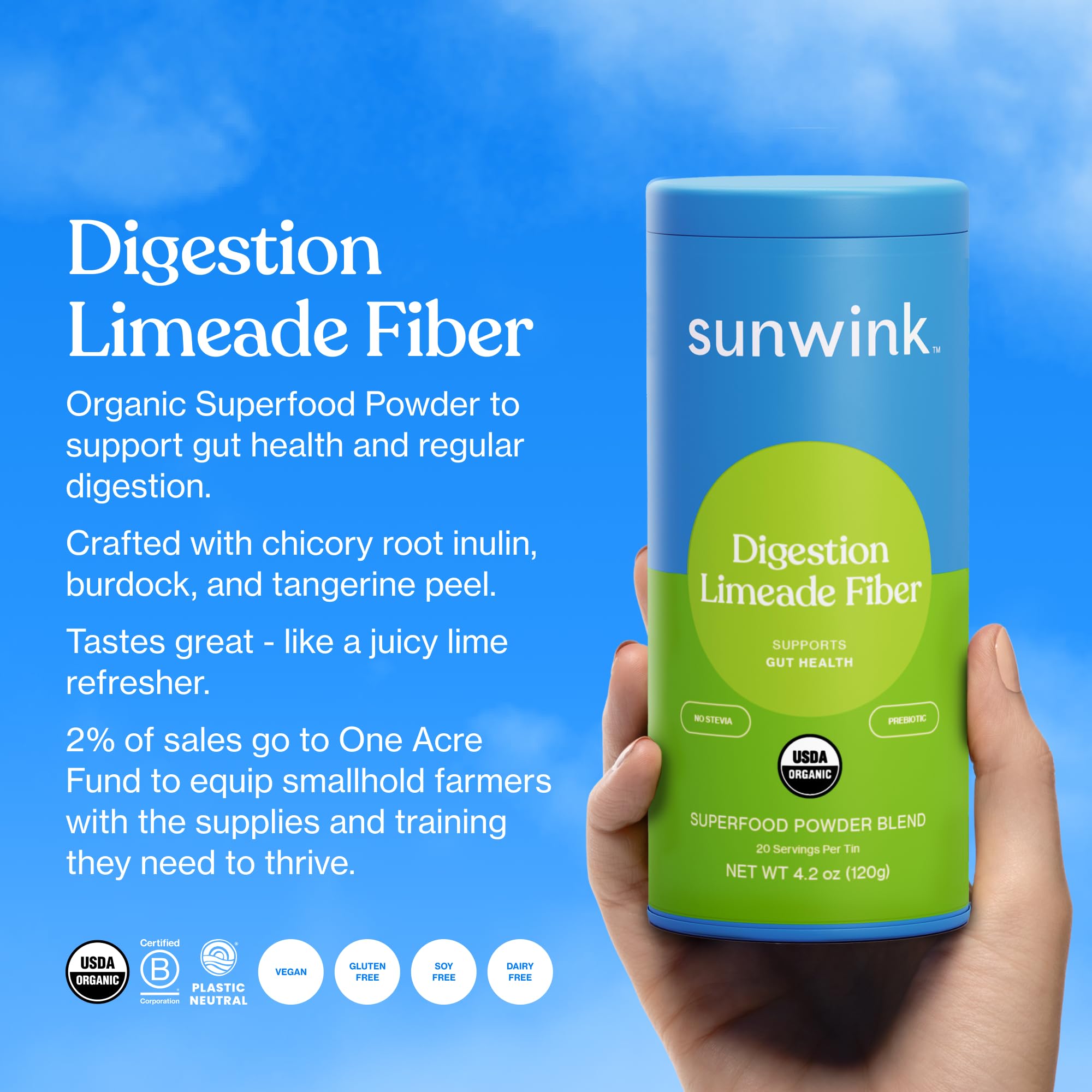 Sunwink Digestion Limeade Fiber Superfood Powder - Prebiotic Fiber Supplement with Chicory Root, Burdock & Tangerine Peel for Gut Health | Daily Digestive Support Powder | 4.2 oz (20 Servings) | Perfect for Smoothies, Shakes & Healthy Morning Routines
