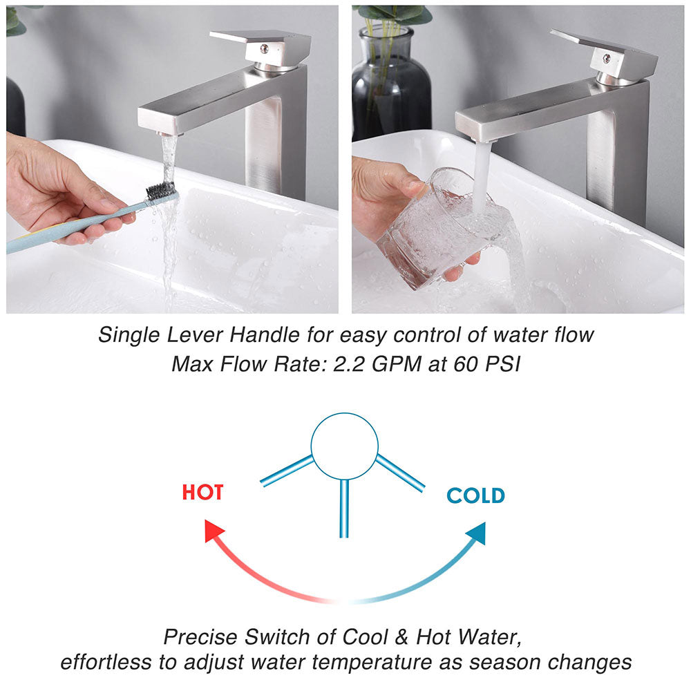 Aquaterior Modern Square Bathroom Vessel Sink Faucet - 10.4 Inch Contemporary Lavatory Faucet for Vanity & Powder Room - Perfect for Modern Home, Hotel, and Spa Decor