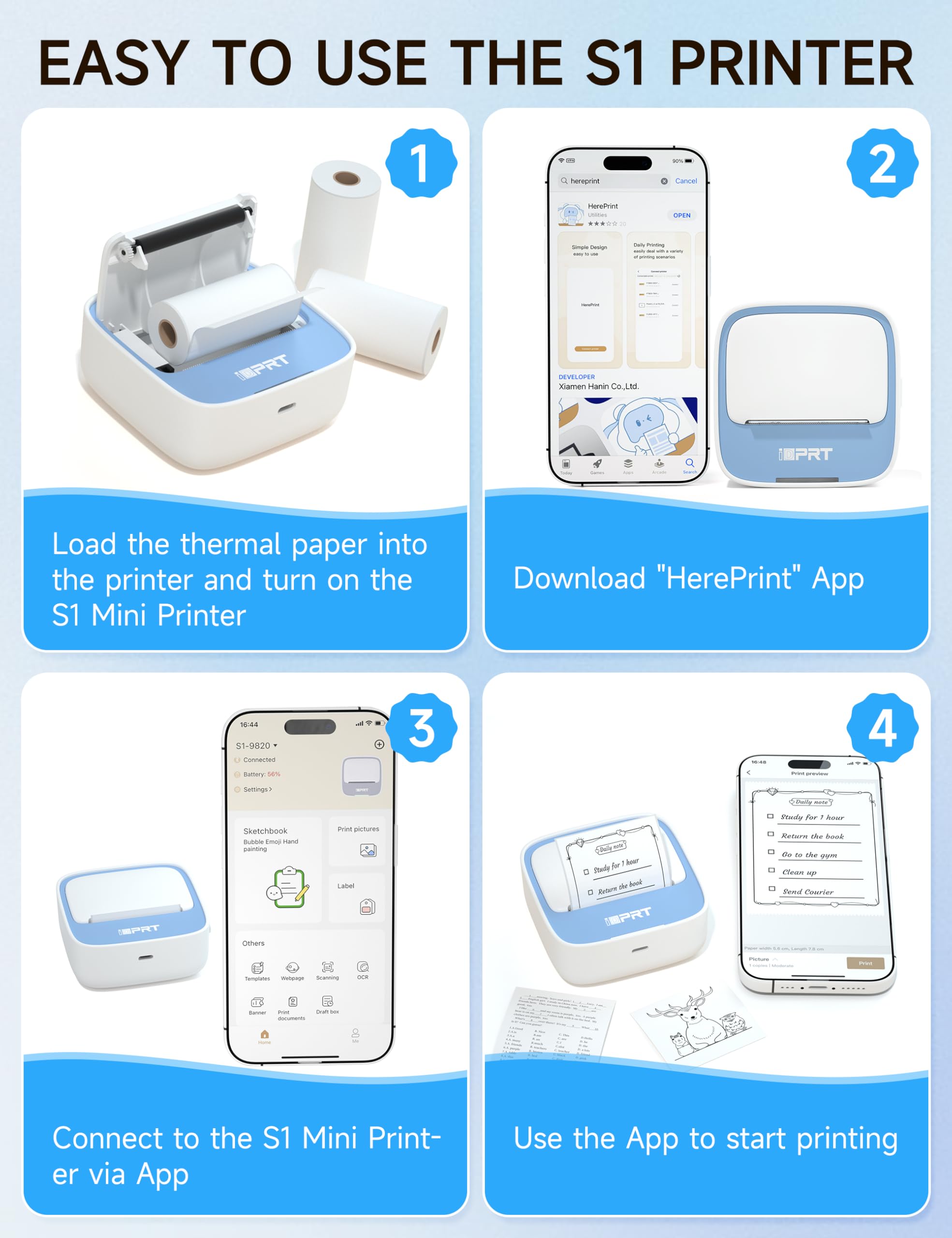 iDPRT Portable Sticker Maker Machine with 1 Roll Sticker Paper - Mini Thermal Printer for Study Notes, DIY Labels & Pictures - Free App with Multiple Templates (Blue) - Perfect for School, Office & Home Organization