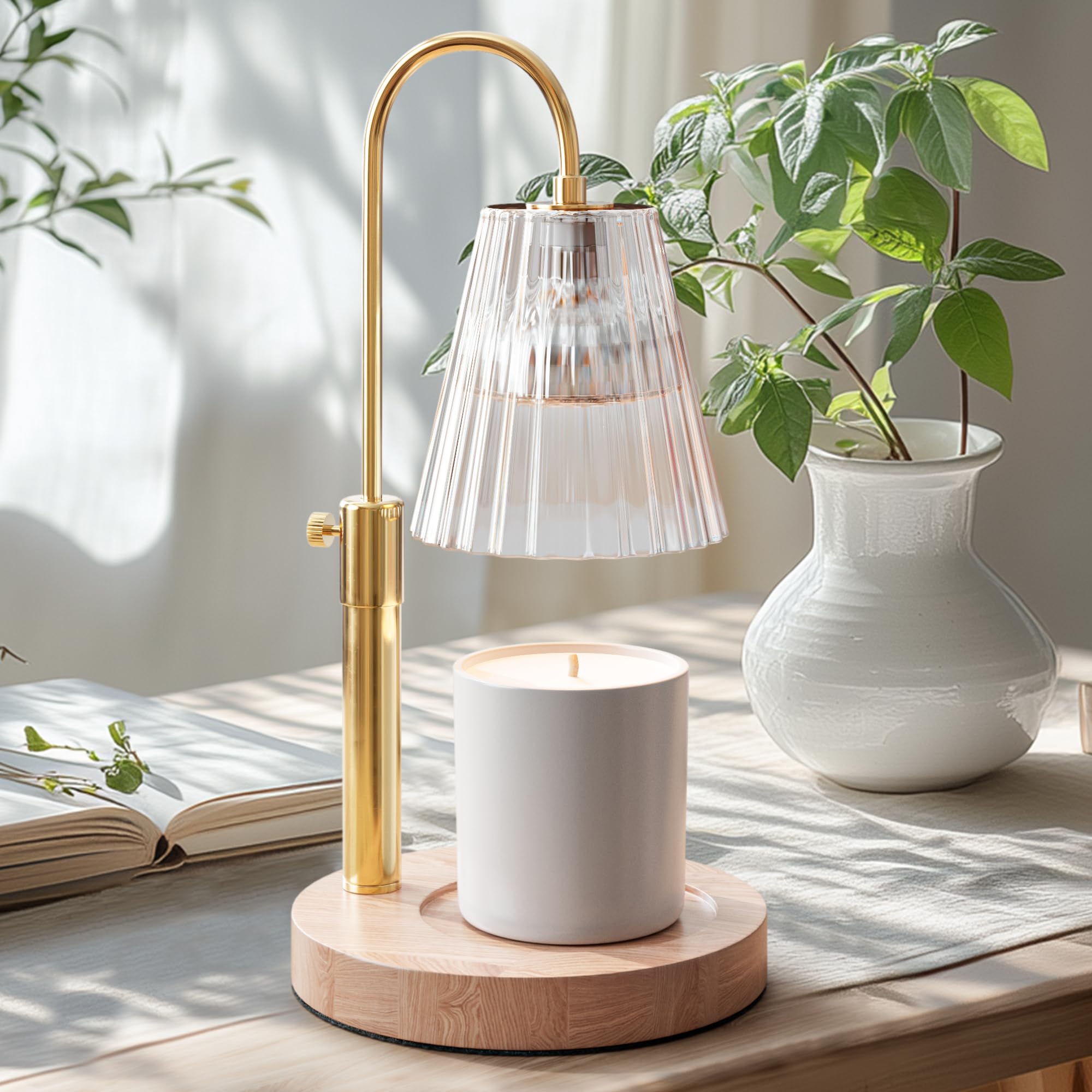 Wooden Candle Warmer Lamp with Large Round Base & Adjustable Height - Dimmable Electric Candle Warmer with Timer for Jar Candles - 4 Halogen Bulbs Included - Perfect for Home, Office, and Spa Relaxation