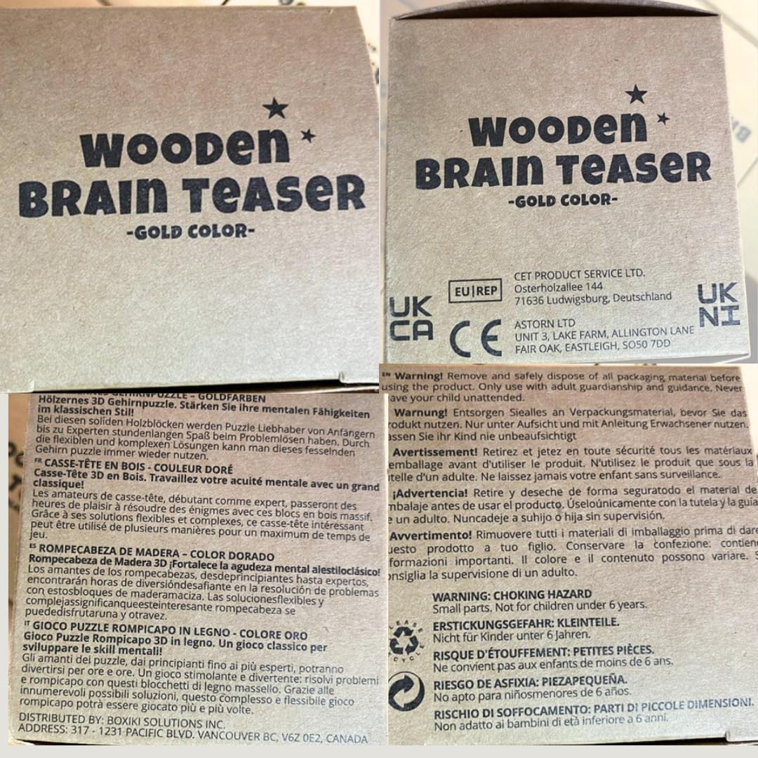 Original 3D Wooden Brain Teaser Puzzle for Kids & Adults - Challenging Logic Game, Educational STEM Toy, Stress Relief Desk Decor - Perfect for Family Game Night, Office Break & Gift Giving (Golden Edition)
