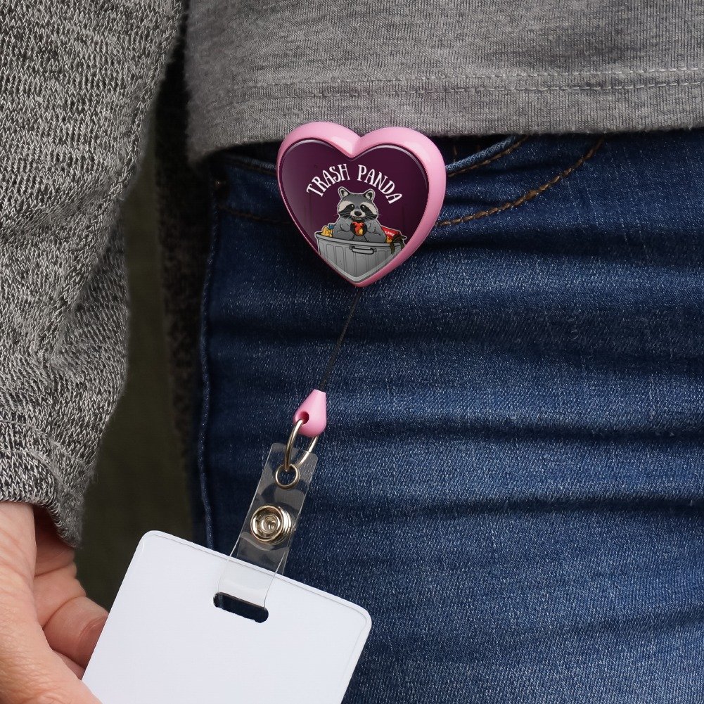 Raccoon Trash Panda Garbage Heart Lanyard - Retractable Reel Badge ID Card Holder (Pink) for Office, School, Events & Conventions