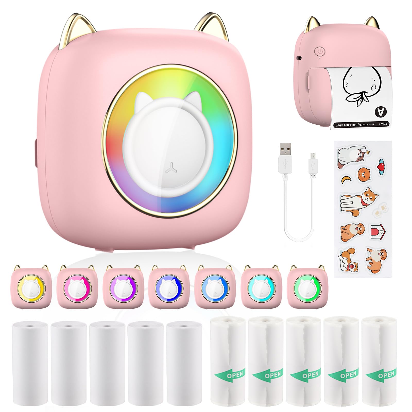 HUIJUTCHEN Print Pods Mini Bluetooth Thermal Sticker Printer - Portable Wireless Pocket Printer for iOS & Android, Includes 10 Rolls Thermal Paper - Inkless Photo Note Printer for Students, Office & Home Use (Pink)