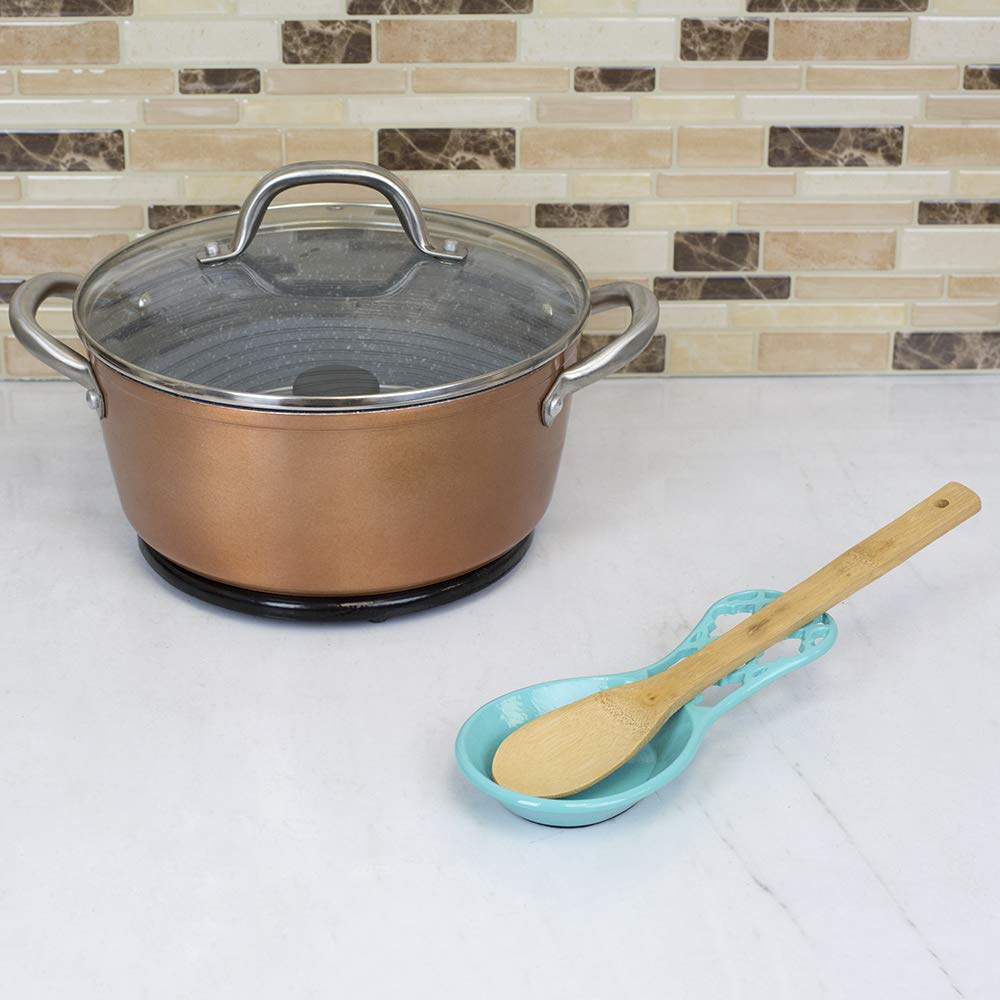 Home Basics Lattice Collection Cast Iron Spoon Rest - Turquoise - Heat Resistant Kitchen Utensil Holder for Cooking, Serving & Dining Decor
