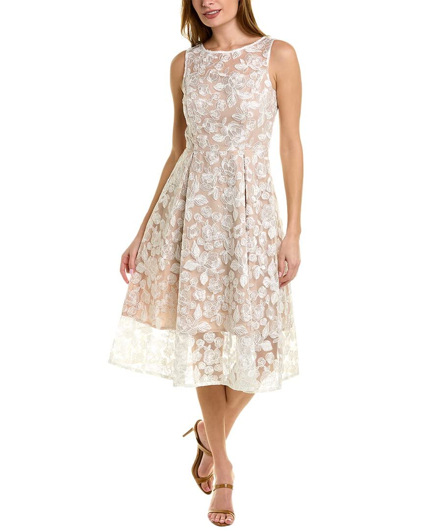 Adrianna Papell Women's Embroidered Tea Length Dress - Elegant Floral Lace Cocktail Dress for Wedding Guest, Party & Special Occasions