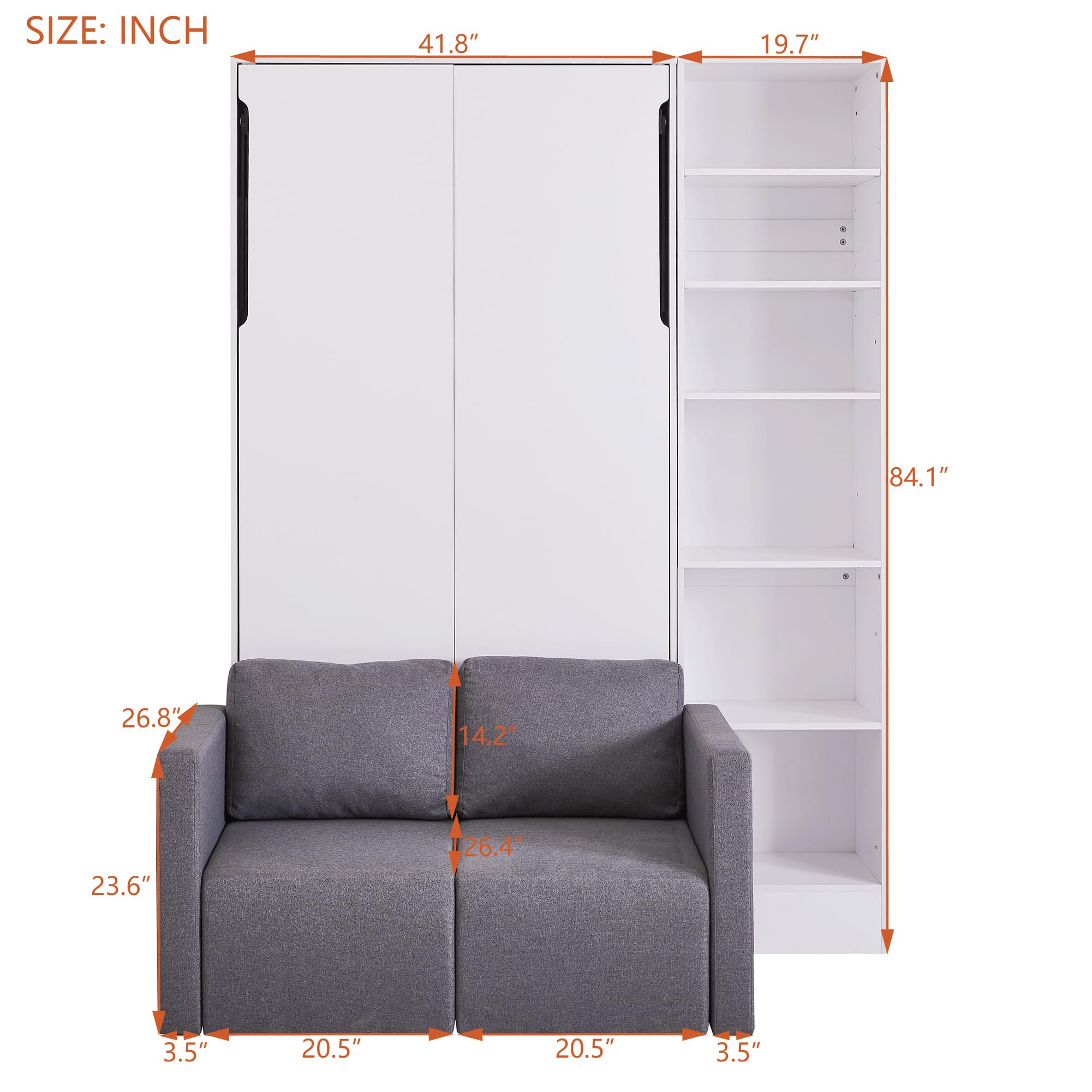 LZ LEISURE ZONE Twin Size Murphy Bed with Built-in Shelves & Sofa - Space Saving Wall Bed for Small Rooms, Home Office or Studio Apartment - White & Gray Modern Design - Perfect for Guest Rooms, Dormitories & Tiny Homes