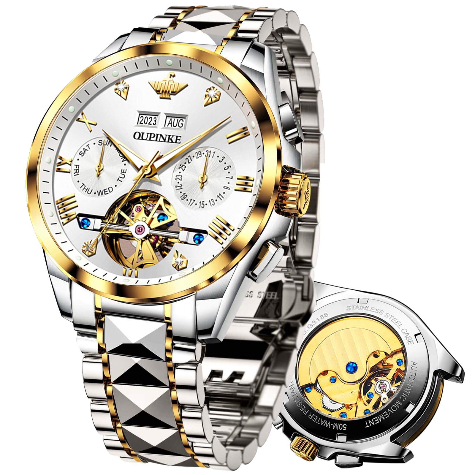 OLEVS Men's Automatic Skeleton Watch - Japanese Movement, 5ATM Waterproof, Tungsten Stainless Steel, Self-Winding Mechanical Wristwatch for Business, Casual & Formal Occasions