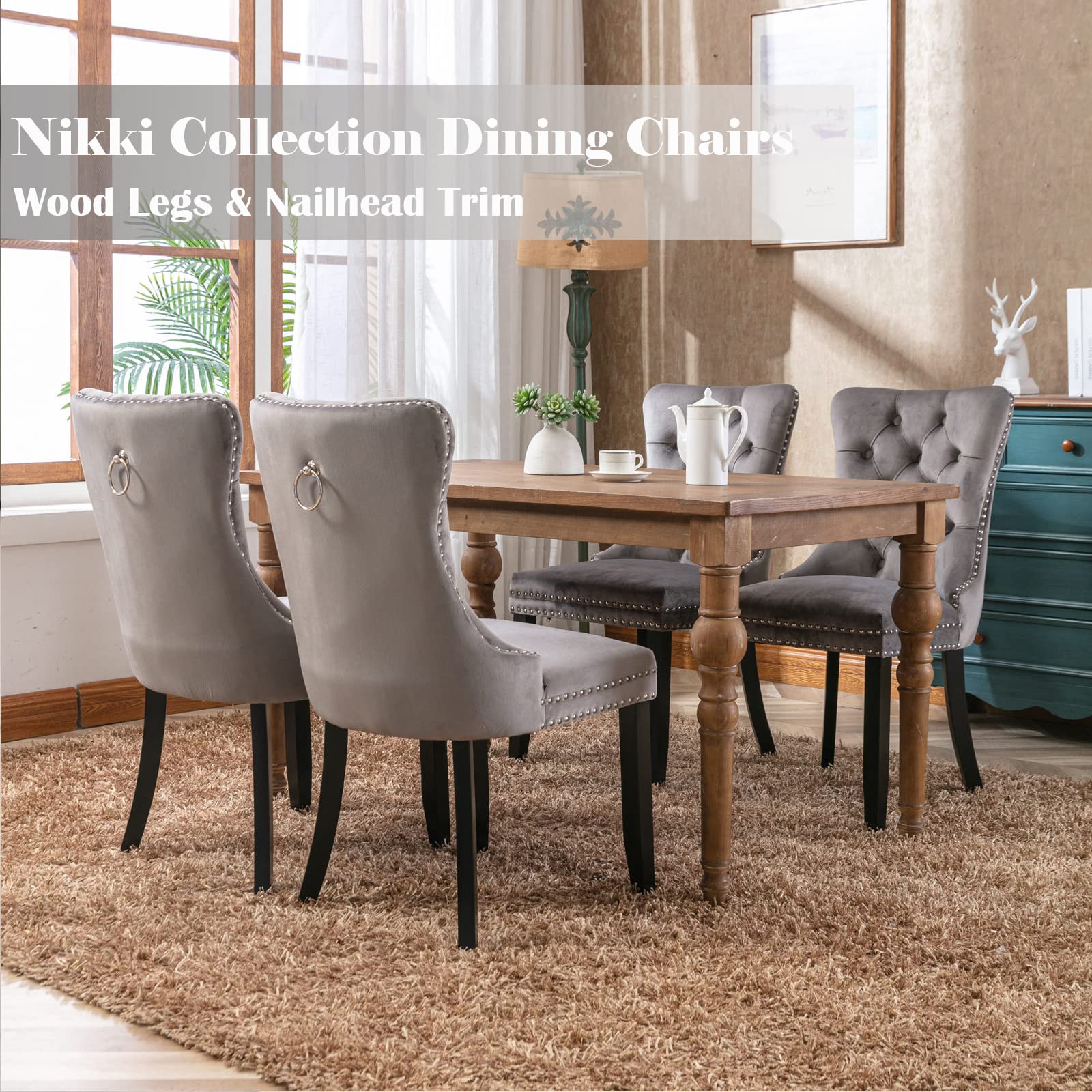 4 Grey Velvet Dining Chairs Set - Upholstered Modern Kitchen Chairs with Tufted Wingback Design, Ring Pull Trim & Solid Wood Legs for Dining Room, Living Room, Kitchen - Perfect for Home Decor, Restaurant & Office Use