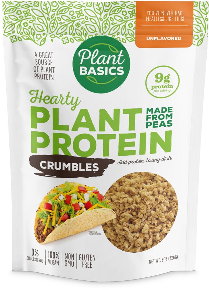 Hearty Plant Protein Crumbles - Unflavored, 8 oz (Pack of 6) | Pea-Based, Non-GMO, Gluten-Free, Low Fat & Sodium | Vegan Meat Substitute for Burgers, Tacos & Pasta Dishes