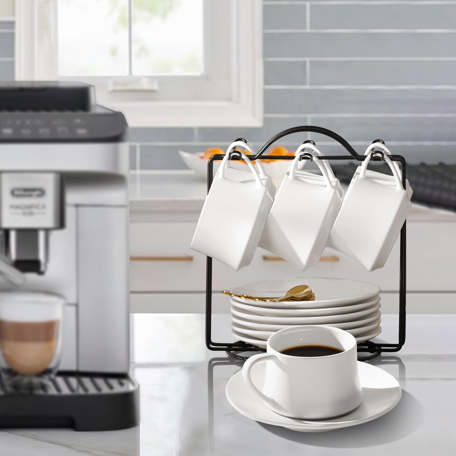 Lareina 7oz Porcelain Coffee Cups Set - 6 White Ceramic Cappuccino Cups with Saucers, Spoons & Stand for Americano, Latte, Mocha & Tea - Perfect for Home, Cafe & Office Use