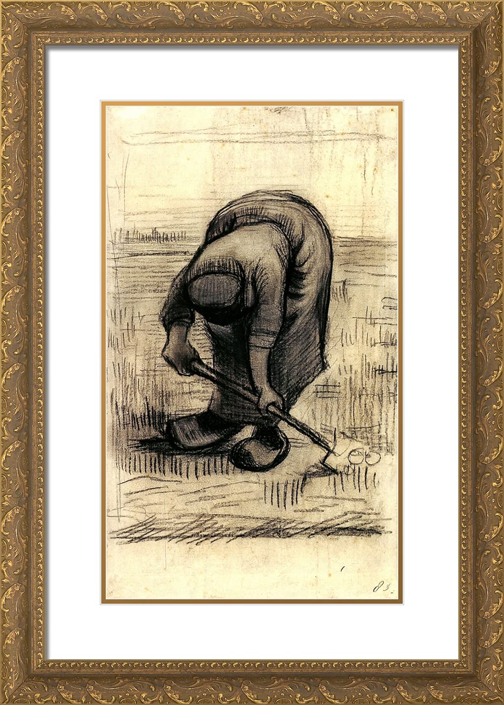 Van Gogh 'Peasant Woman Lifting Potatoes II' 18x24 Gold Ornate Framed Art Print with Double Matting - Classic Wall Decor for Living Room, Office & Gallery Display