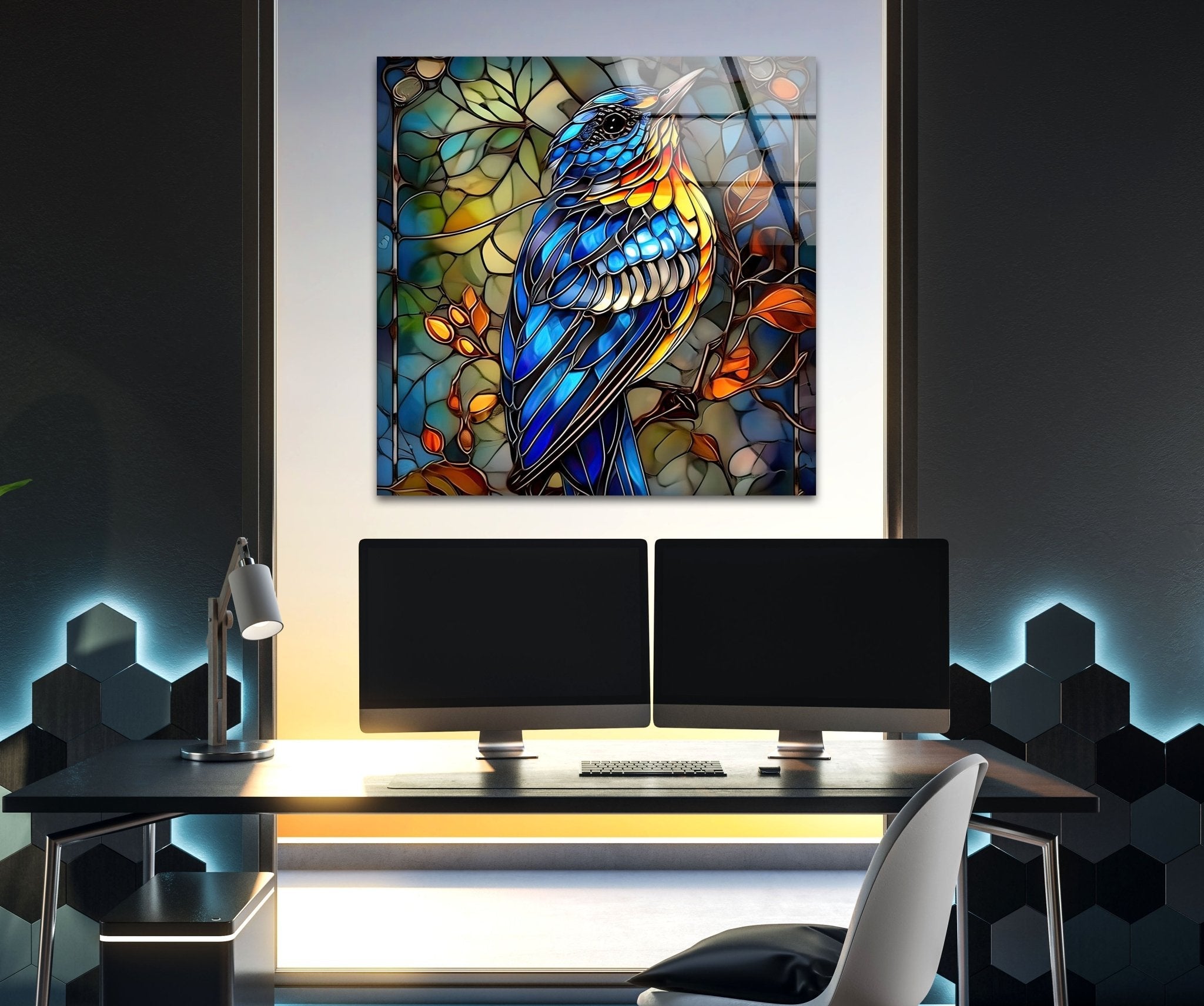 Stunning Blue Shiny Bird Glass Wall Art - Handmade Home Decor for Living Room, Bedroom & Office - Elegant Gift Idea for Bird Lovers