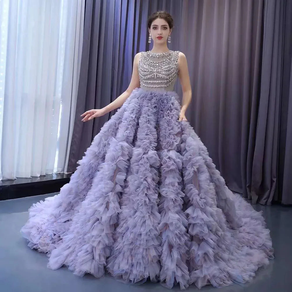 Serene Hill Muslim Purple Lace Up Beaded Luxury Ball Gown - Elegant Bridal Wedding Dress 2025 | High-End Custom Made HM222115 | Perfect for Muslim Weddings, Formal Events & Special Occasions