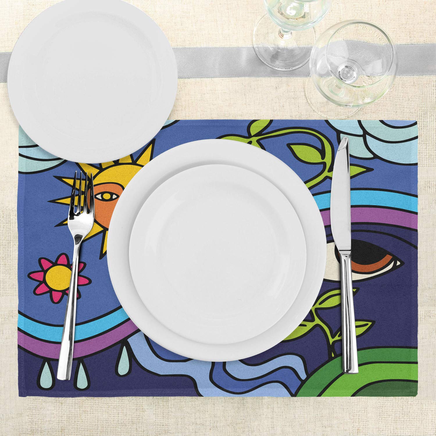 Ambesonne Abstract Place Mats Set of 4 - Nature Inspired Sun, Sky & Floral Design - Eco-Friendly Washable Fabric Placemats for Dining Table & Kitchen Decor - Perfect for Dinner Parties, Holiday Meals & Everyday Use