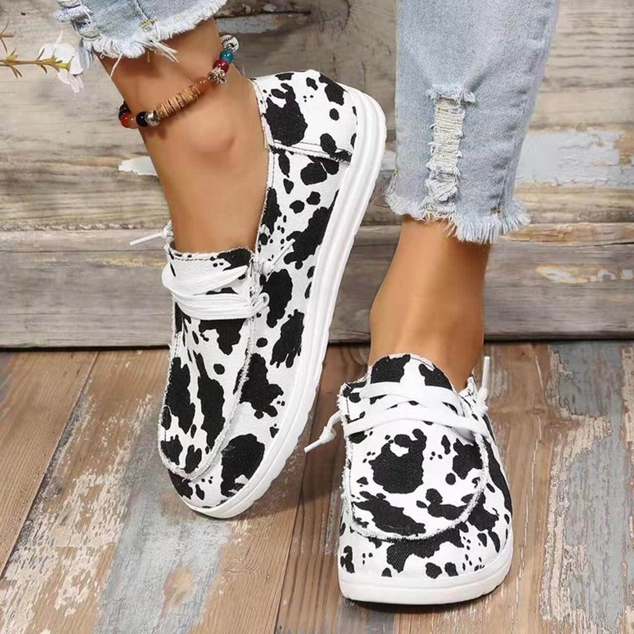 Women's Cow Print Sneakers - Denim Canvas Slip-On Loafers with Leopard Design | Comfortable Casual Walking Shoes for Women | Perfect for Outdoor Activities, Work & Everyday Wear