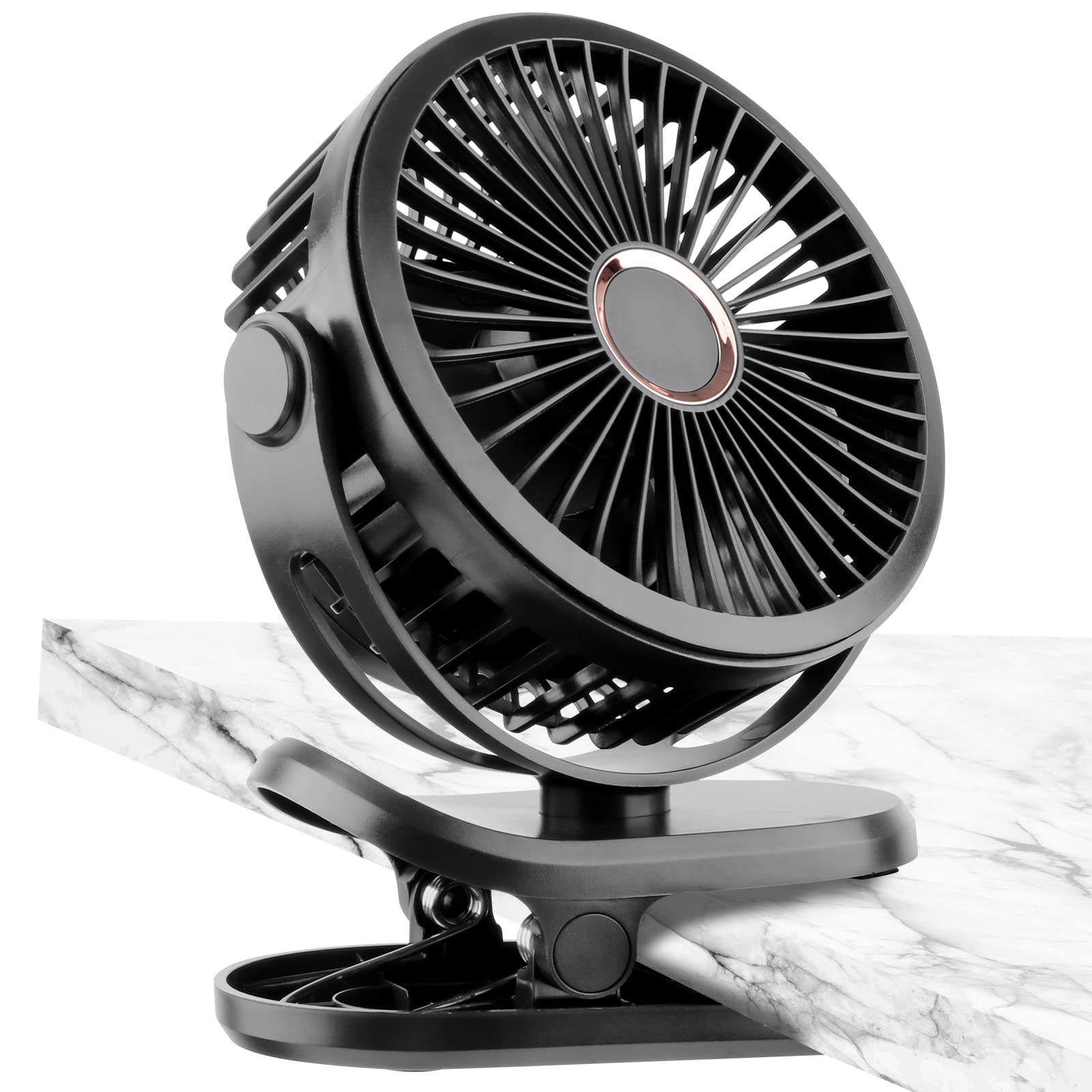 WUYILED 5 Inch Rechargeable Clip on Fan with 5000mAh Battery - Long Lasting Portable Desk Fan, 360° Rotation, 3 Speed Settings, Quiet & Powerful Cooling Fan for Office, Home, Dorm, Camping (Black)