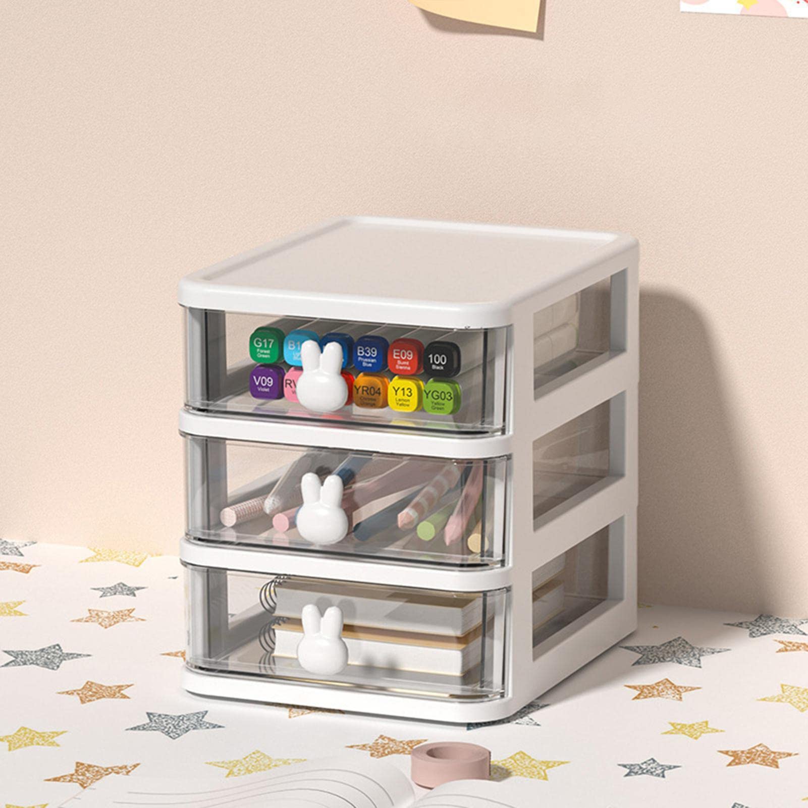 4-Tier Clear Small Desk Organizer with Drawer - Perfect for Makeup, Stationery, Arts & Crafts Storage - Ideal for Home Office, Vanity & Workspace Organization