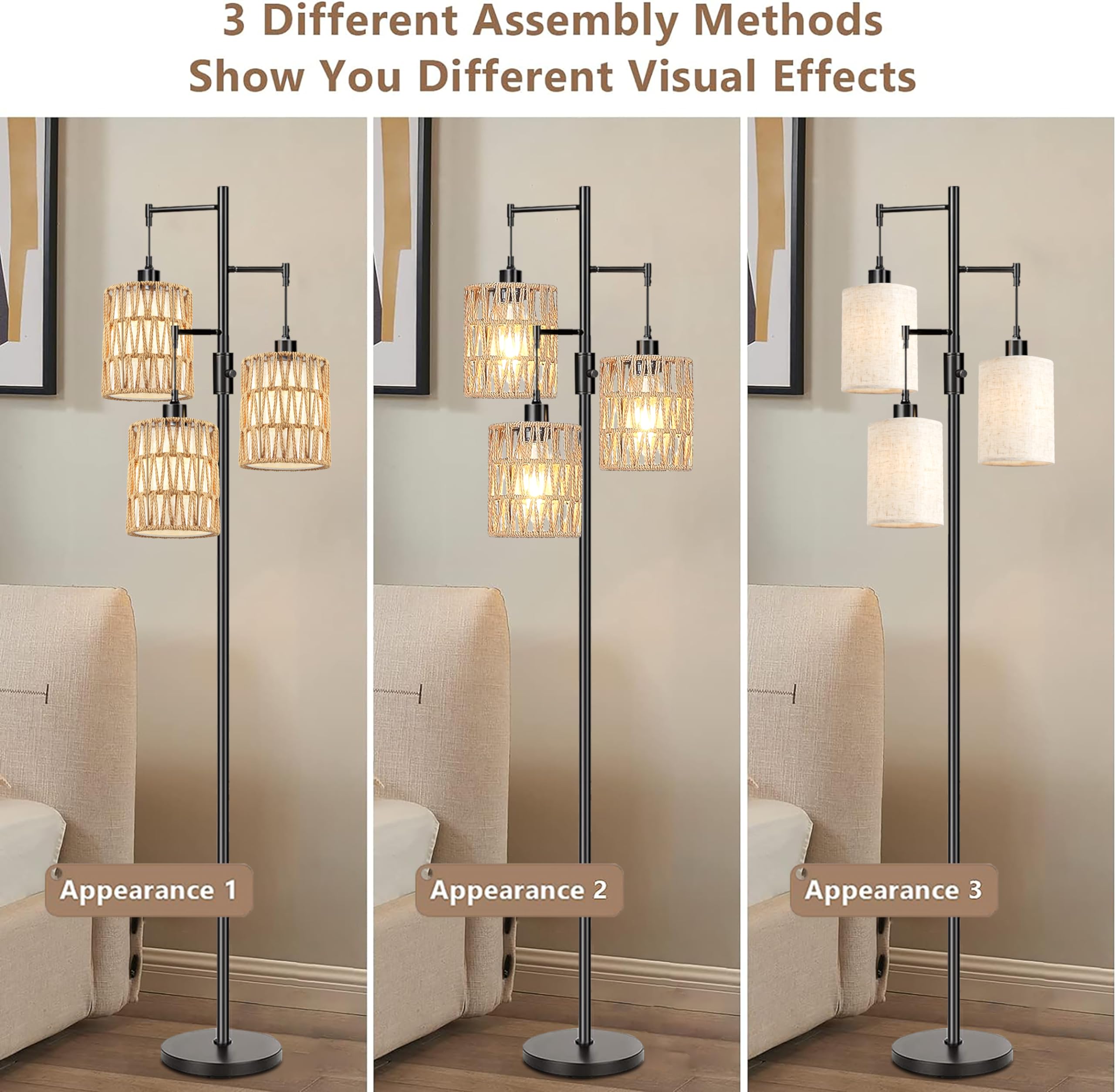 Boho Floor Lamp for Living Room & Bedroom - 3-Light Dimmable Standing Lamp with LED Bulbs, Rustic Tall Tree Design in Black - Perfect for Home Office, Corner Decor & Cozy Ambiance Lighting