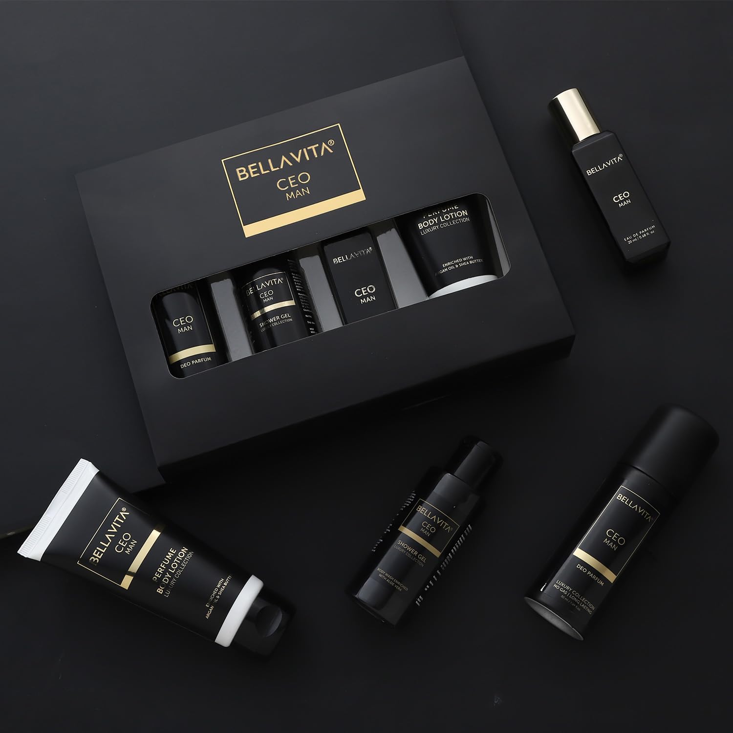 BELLAVITA CEO Man Travel Size Gift Set - Shower Gel 55ml, EDP Perfume 20ml, Deodorant Body Spray 50ml & Body Lotion 50ml - Perfect for Business Travel, Gym & Weekend Getaways