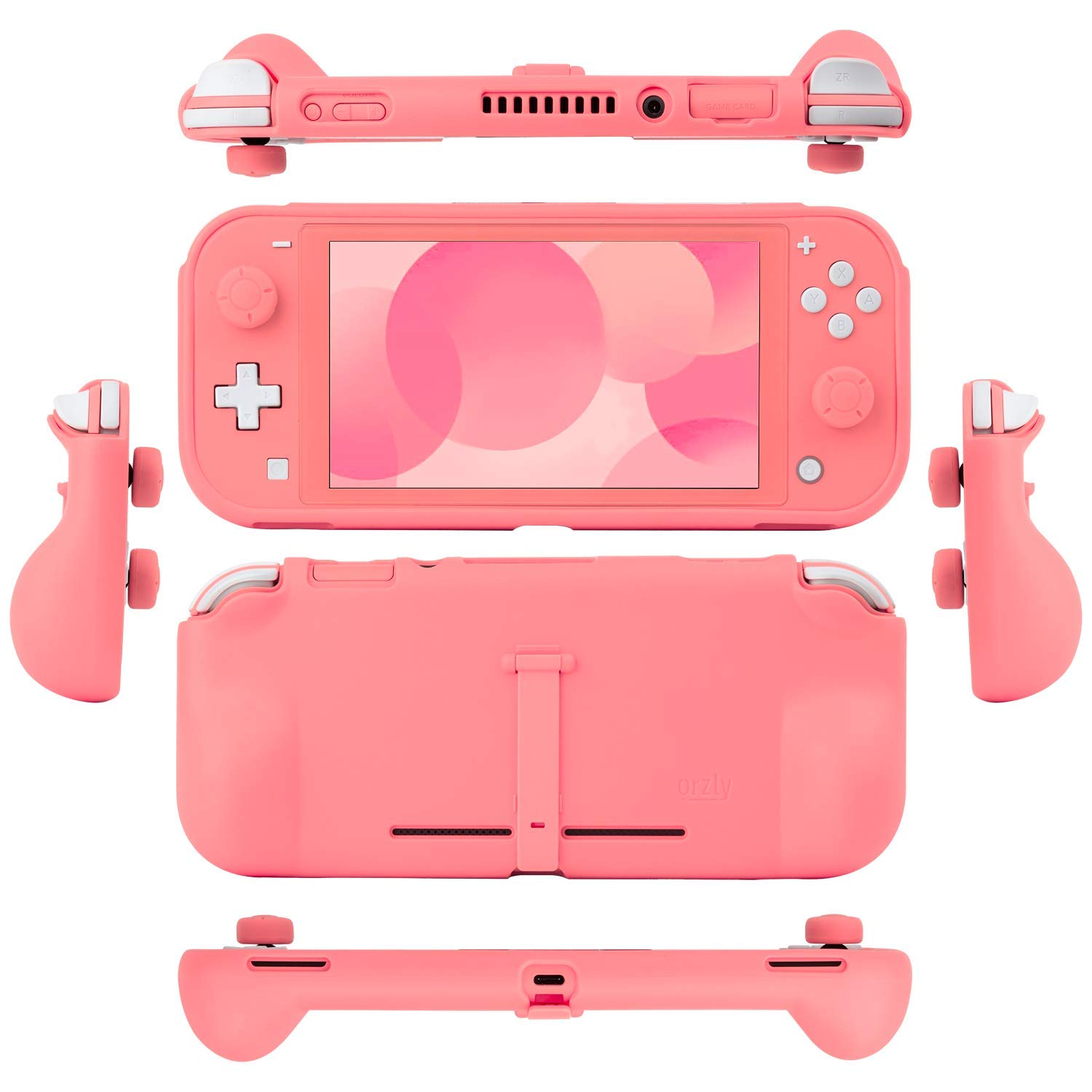 Orzly Comfort Grip Case for Nintendo Switch Lite - Padded Hand Grips, Adjustable Kickstand & Bonus Thumb Grips - Coral | Perfect for Gaming On-The-Go & Travel Protection