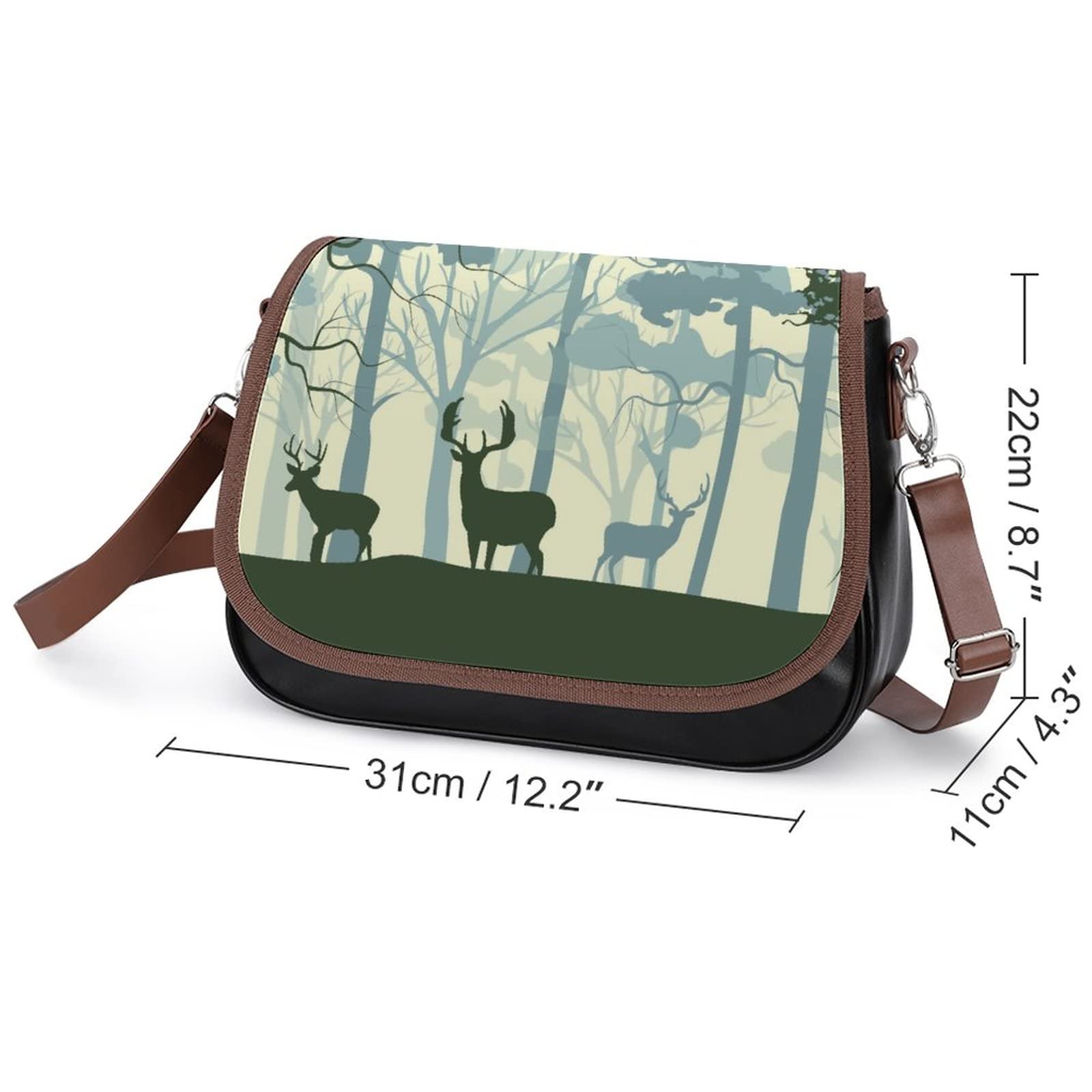 Stylish Women's Crossbody Leather Satchel Bag - Printed Forest Deer Silhouette Design for Casual Everyday Use | Perfect Shoulder Messenger Purse for Work, Travel & Shopping