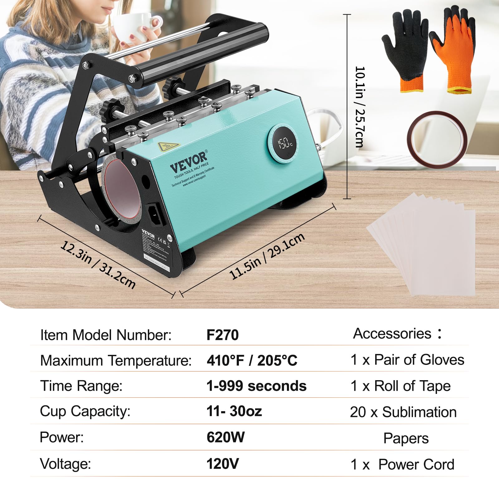 VEVOR Tumbler Heat Press Machine for Sublimation - 30OZ & 20OZ Straight Skinny Tumblers, 11-16OZ Mugs - Adjustable Temperature & Timer with Knob Control, Includes Heat Tape & Gloves (Green) - Perfect for DIY Custom Tumblers, Personalized Gifts & Small Business Crafting