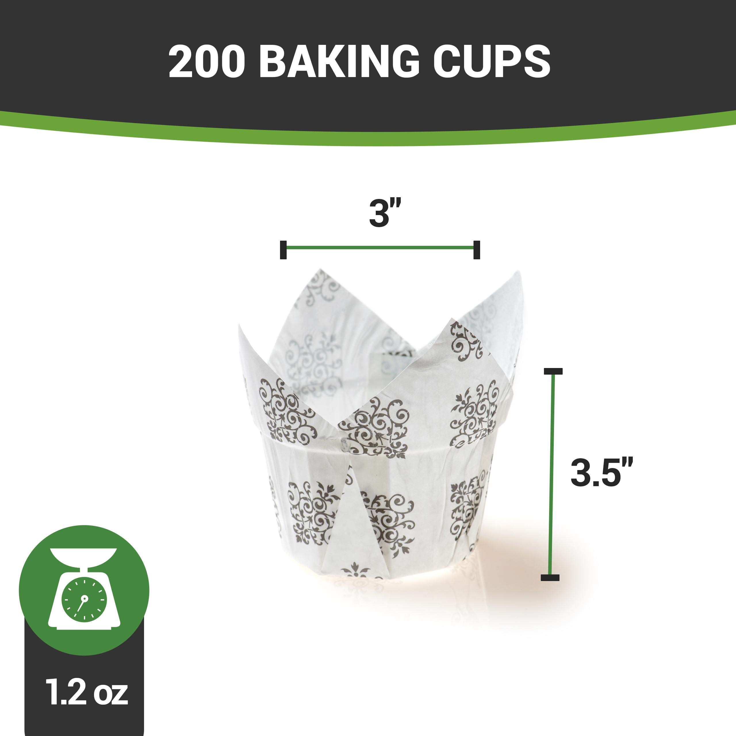 Restaurantware Panificio 1.2 Oz Baking Cups - 200 Count Tulip Cupcake Liners | Oven-Safe, Freezer-Friendly Black & White Floral Muffin Wrappers | Disposable Vintage Paper Baking Cups for Weddings, Baby Showers & Party Desserts