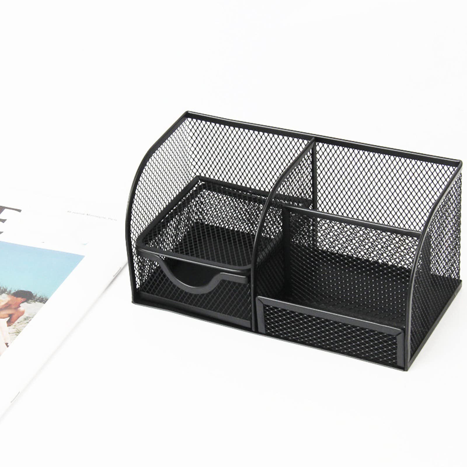 Black Steel Mesh Desk Organizer with 4 Compartments & Slide Drawer - Office Supplies for Pencils, Pens, Files & Stationery Organization