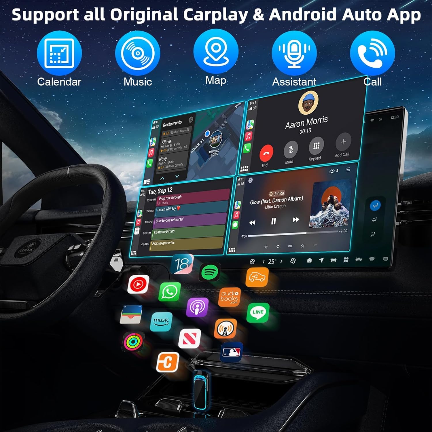 Quanlex Wireless CarPlay Adapter & Android Auto Wireless Adapter 2024 - 7-Color Ambient Light, Fast Connection for iOS 10+/Android 11+ (iPhone/Android Phones) - Perfect for Commuting, Road Trips & Hands-Free Driving