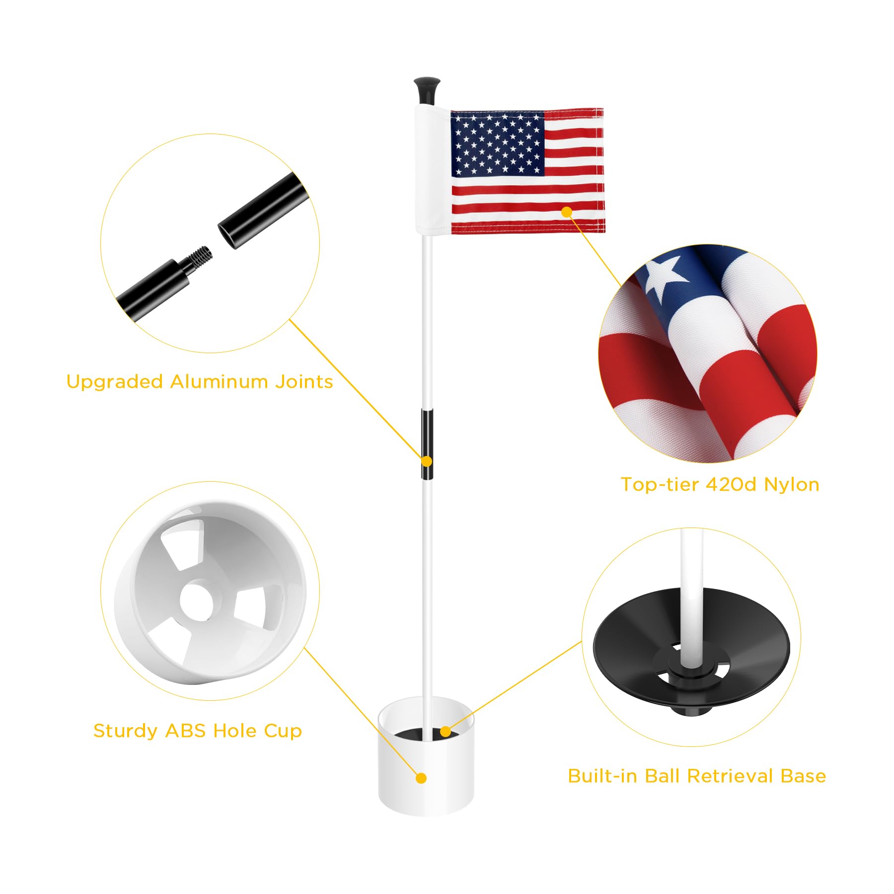 KINGTOP Golf Flagstick Mini - 3ft Practice Putting Green Flags for Yard & Golf Pin Flag Hole Cup Combo Kit | Portable 2-Section Fiberglass Design with Double-Side American Flag | Perfect for Backyard Golf Practice, Indoor Putting Greens & Outdoor Training