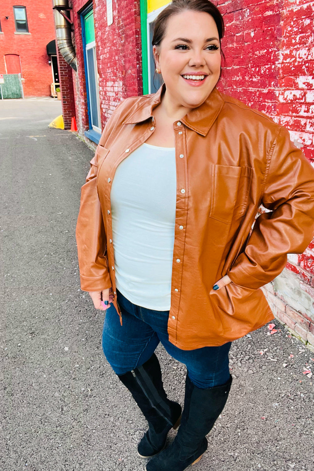Rust Vegan Leather Snap Button Shacket - Eco-Friendly & Stylish Jacket for Men & Women | Perfect for Fall & Winter Outfits