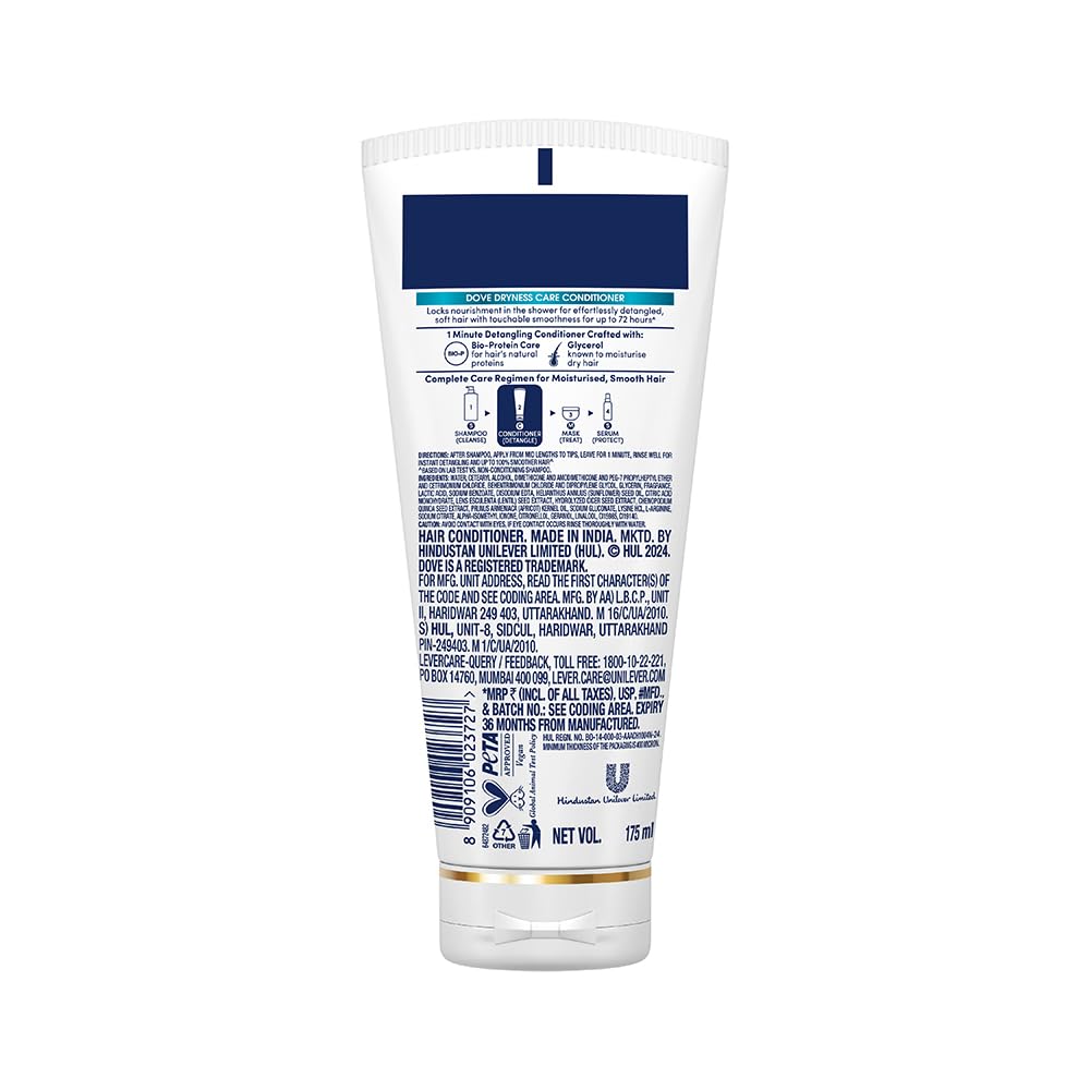 Dove Dryness Care 1-Minute Conditioner with Bio-Protein & Glycerin for Dry, Rough Hair - 72 Hour Hydration for Soft, Smooth, Tangle-Free Hair | 175ml | Perfect for Daily Hair Care & Post-Shower Treatment