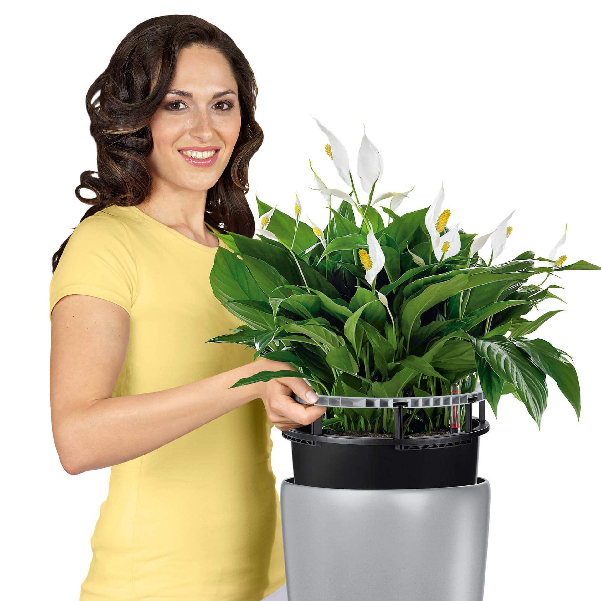 Lechuza Rondo 32 Self-Watering Planter - Large Indoor/Outdoor Garden Flower Pot with Drainage Hole & Plant Substrate - 32cm Poly Resin Floor Planter in Shiny Taupe - Perfect for Home, Office, Patio, and Balcony Decor