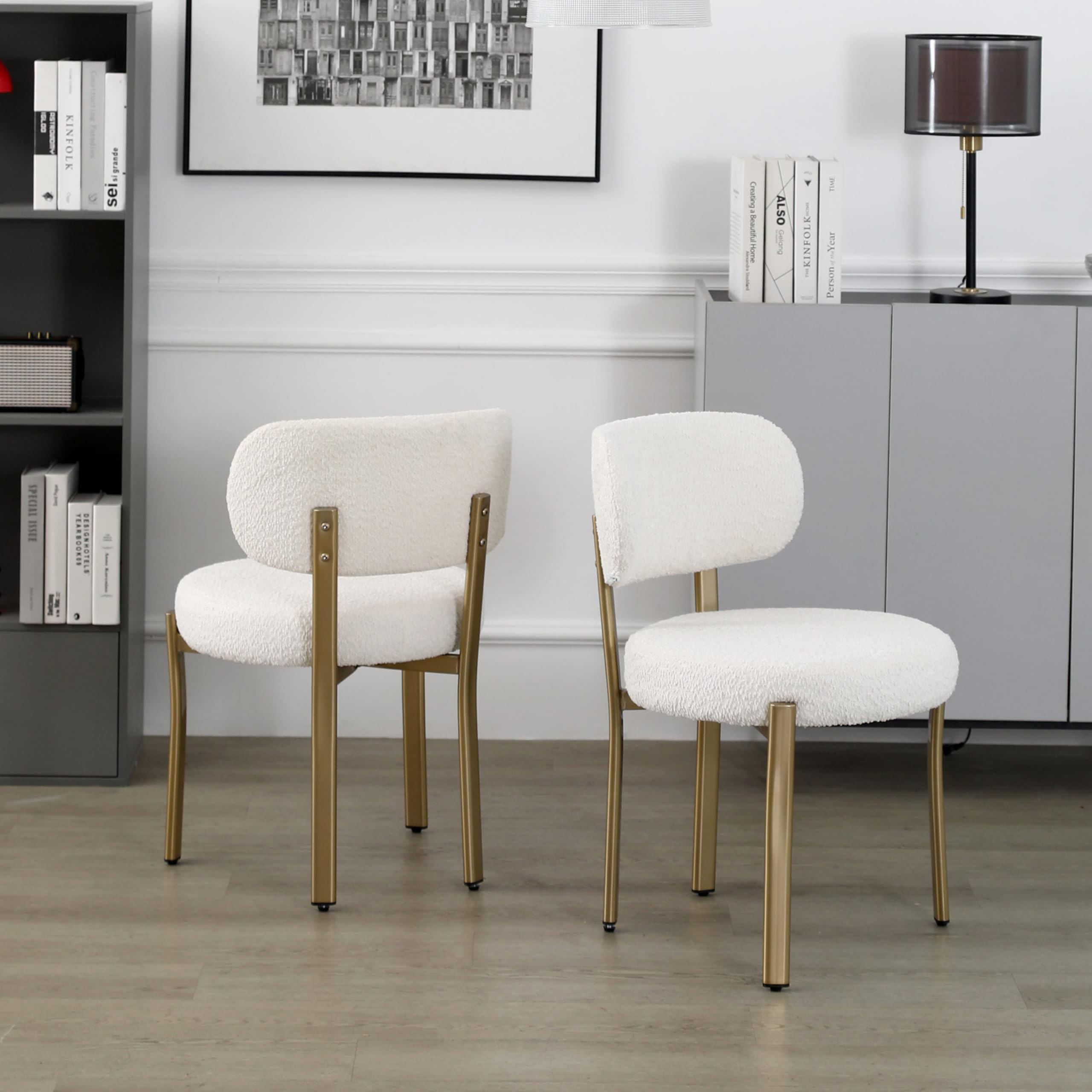 DYHOME Set of 2 White Upholstered Boucle Sherpa Dining Chairs - Mid Century Modern Kitchen Chairs with Gold Metal Legs for Dining Room, Breakfast Nook & Small Space Decor