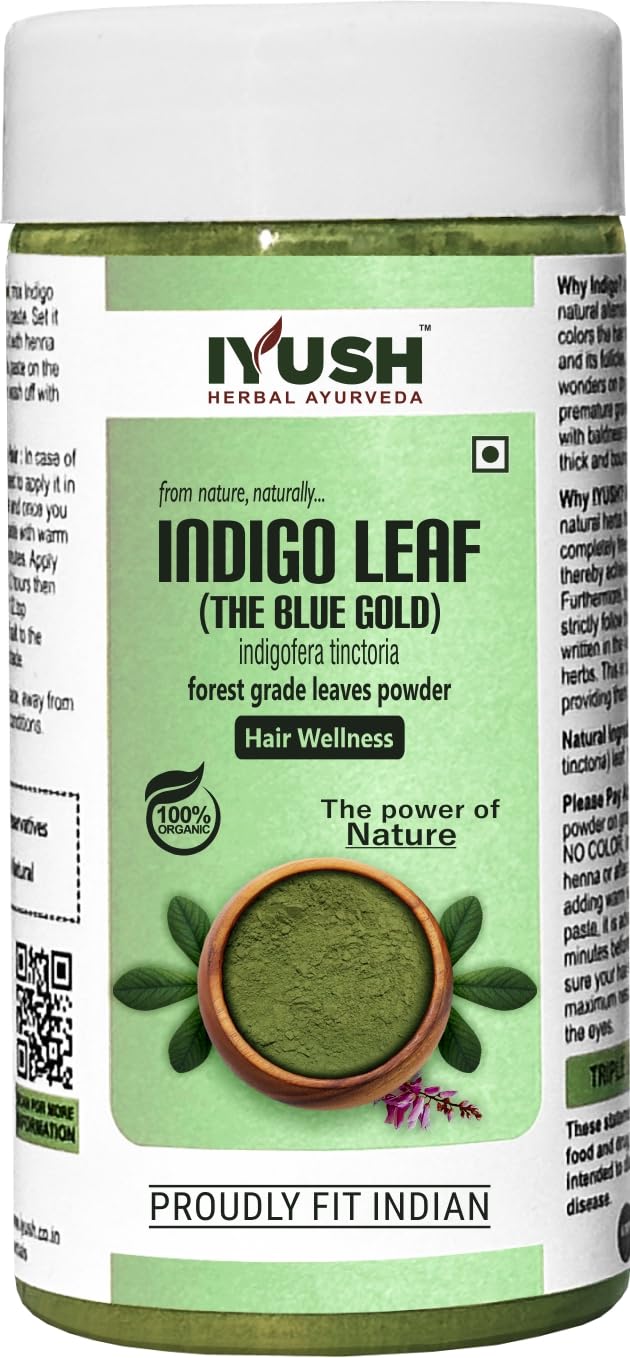 Organic IYUSH Ayurvedic Indigo Powder for Hair - 250gm | Natural Herbal Hair Dye | Chemical-Free Gray Coverage | Vegan & Cruelty-Free | Perfect for DIY Hair Coloring at Home