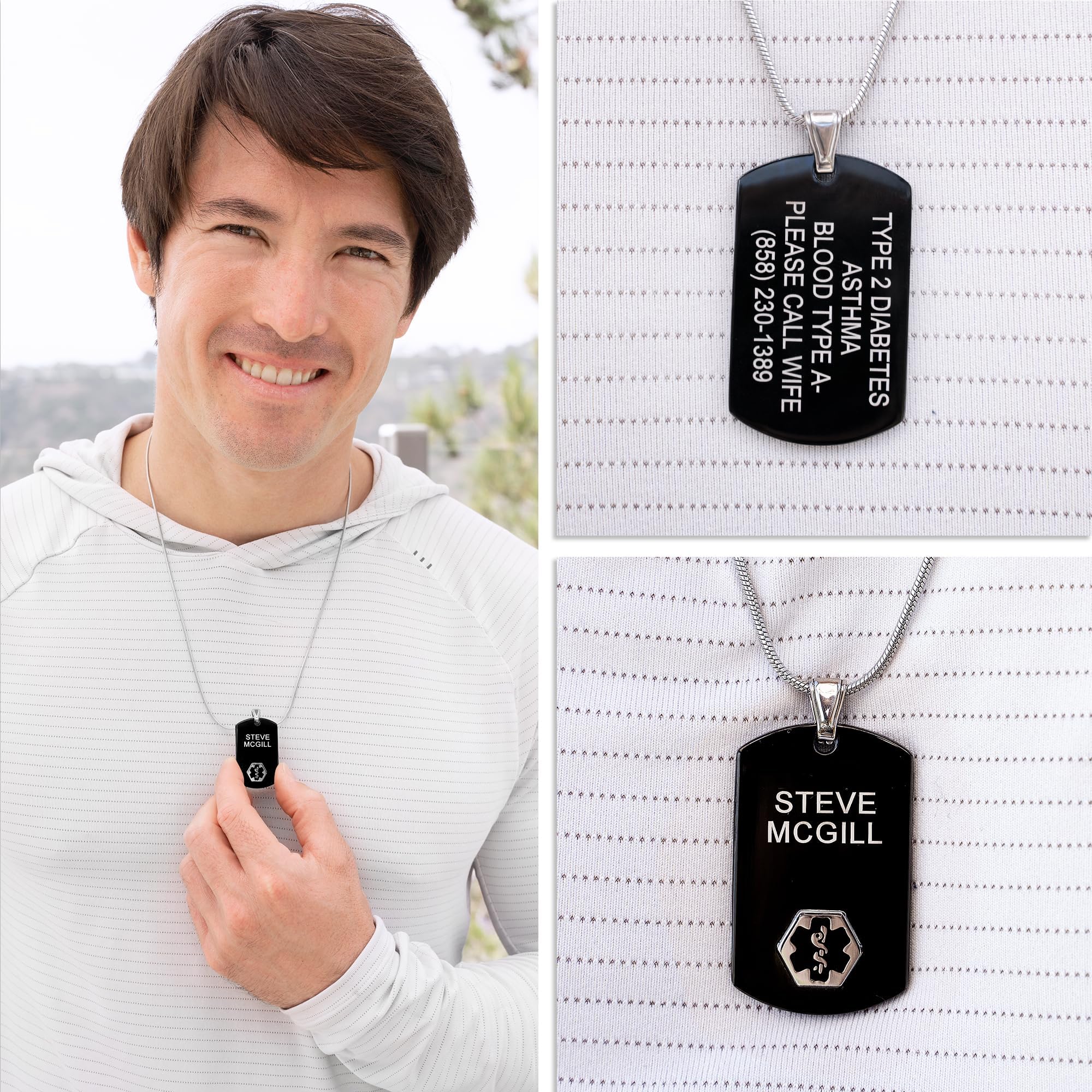 Divoti Custom Engraved Medical Alert Necklace for Men - Black & Silver Stainless Steel Medical ID Jewelry with Emergency Info - Perfect for Seniors, Diabetics & Allergy Sufferers (Ideal for Daily Wear & Emergency Situations)