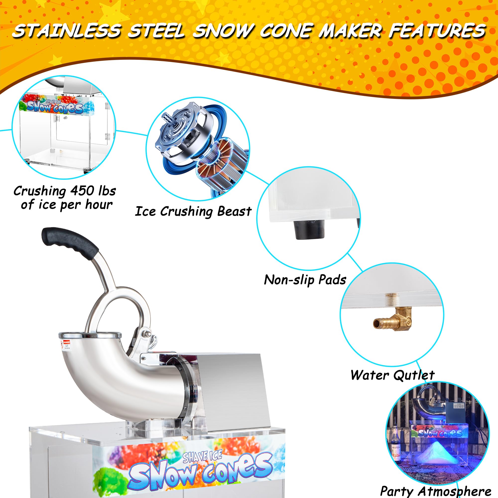 VNN 48L Commercial Snow Cone Machine - 500LB/H High-Capacity Electric Ice Shaver with 300W Motor for Parties, Events & Home Use | Perfect for Snow Cones, Slushies, Margaritas & Frozen Treats at Carnivals, Pool Parties & Backyard BBQs