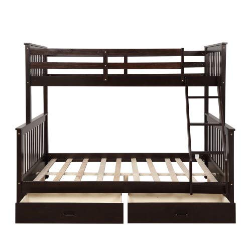 Twin Over Full Bunk Bed with Removable Ladder & 2 Storage Drawers - Solid Wood Loft Bed for Kids & Teens (Espresso) - Perfect for Small Bedrooms, Guest Rooms & Vacation Homes