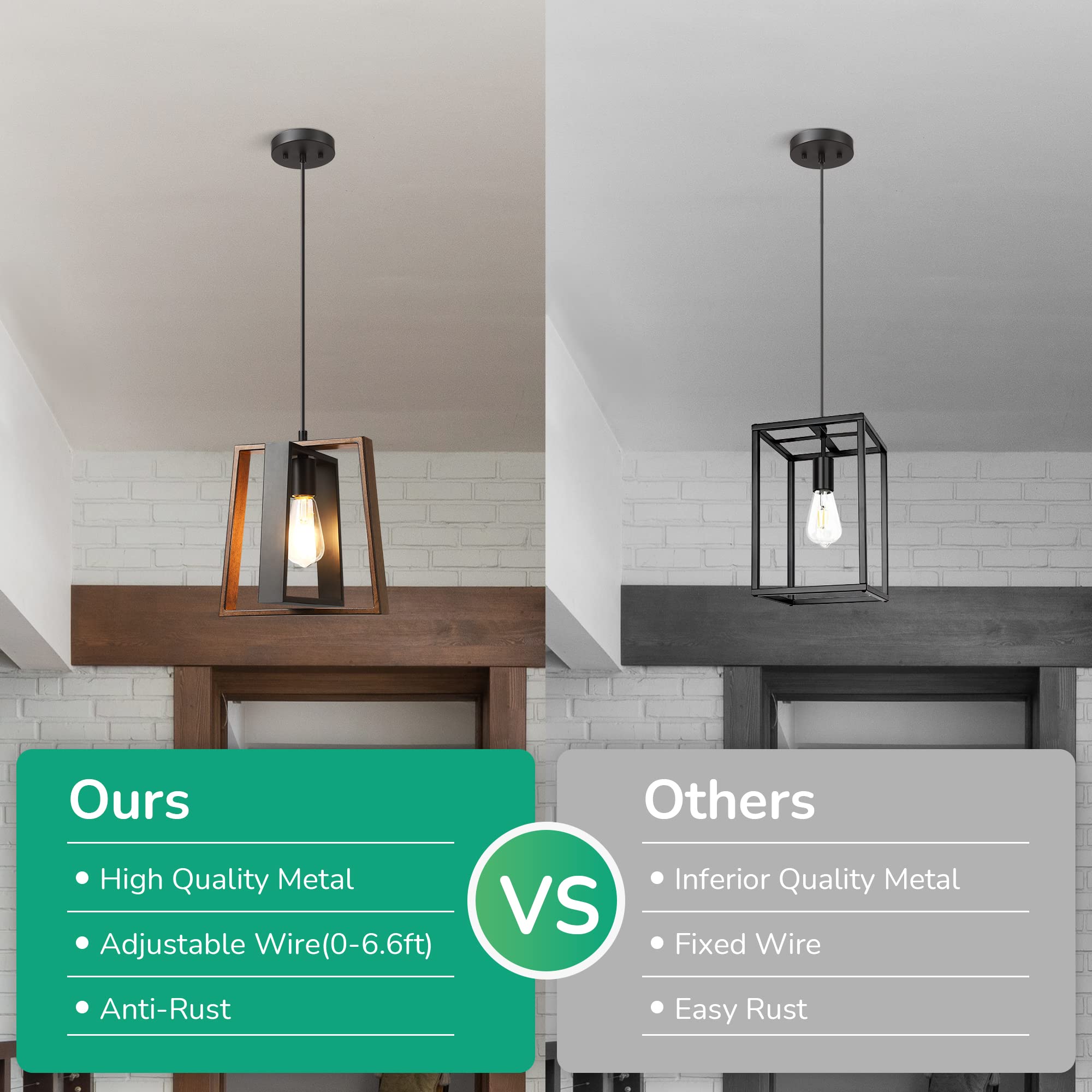 EDISHINE Black Wood Grain Adjustable Farmhouse Pendant Lights - Kitchen Island Lighting Fixture for Dining Room & Hallway | Rustic Home Decor, Dimmable Hanging Lights for Modern & Traditional Interiors