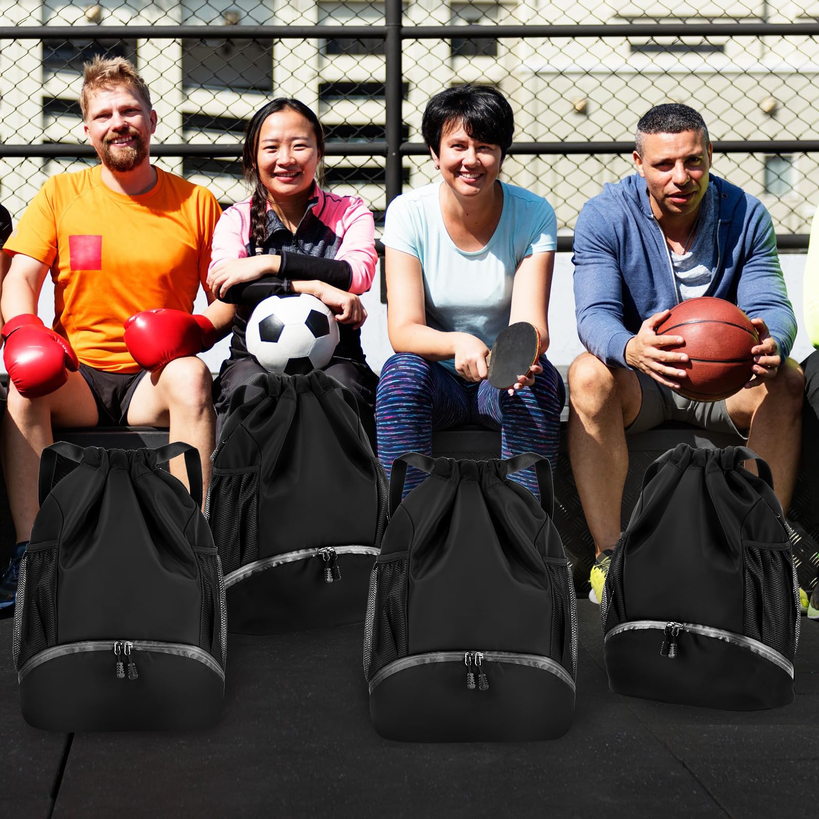 Photect Sports Drawstring Backpack - Soccer Basketball Football Bag with Compartment & Mesh Pockets - Perfect for Gym, School & Outdoor Activities