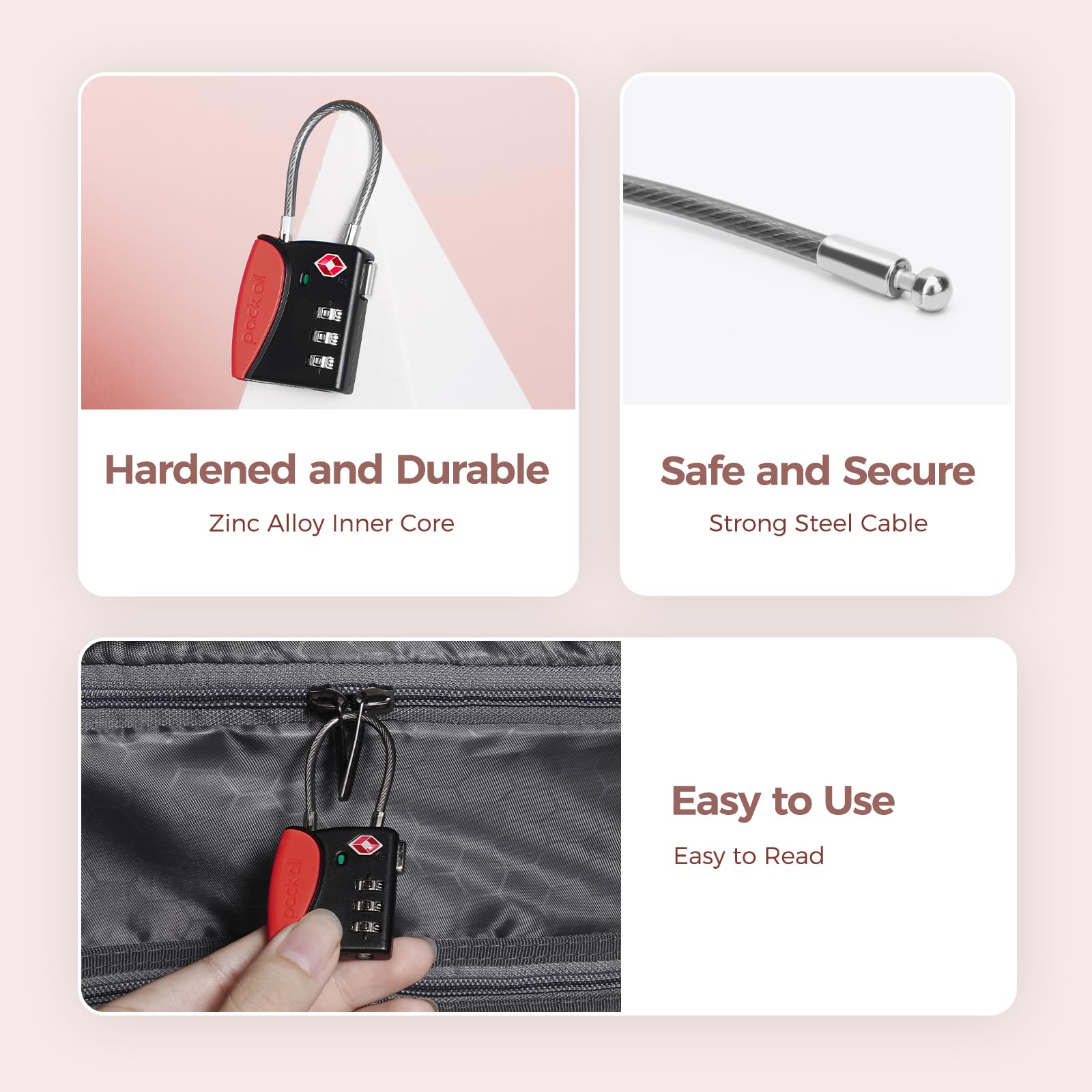 **TSA Approved 3 Digit Combination Cable Luggage Locks (4 Pack, Red) - Secure Suitcases, Bags & Backpacks for Travel, Gym & Storage - Durable Alloy Travel Accessories**